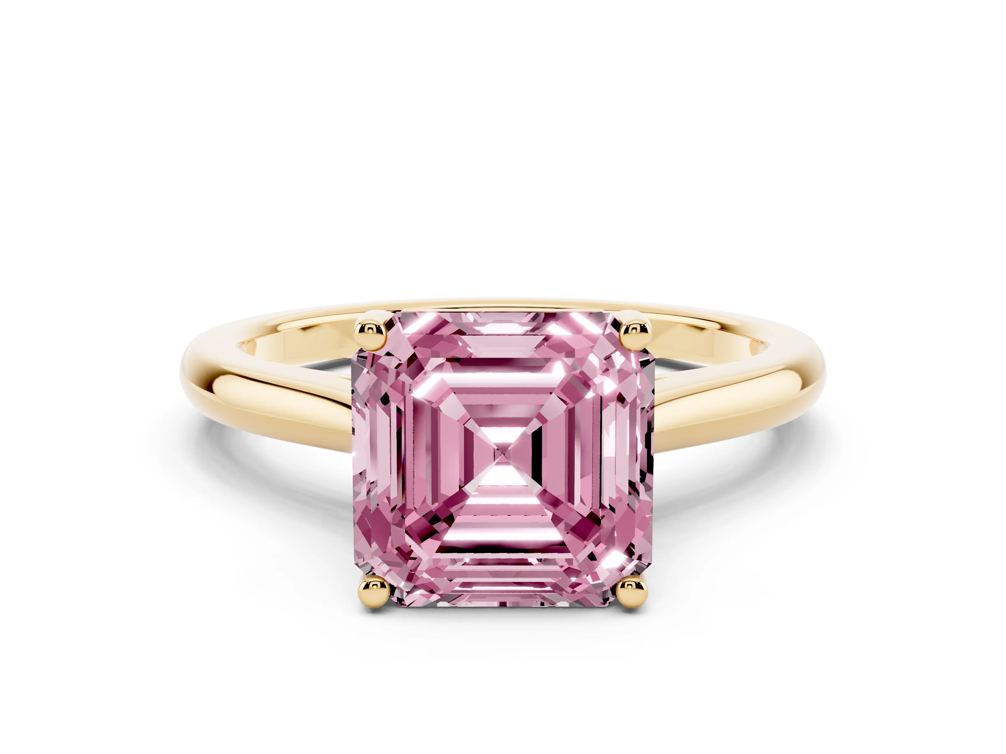 Fancy Pink Asscher Cut Diamond Solitaire Ring Set in Yellow gold with Cathedral Band and Prong Setting