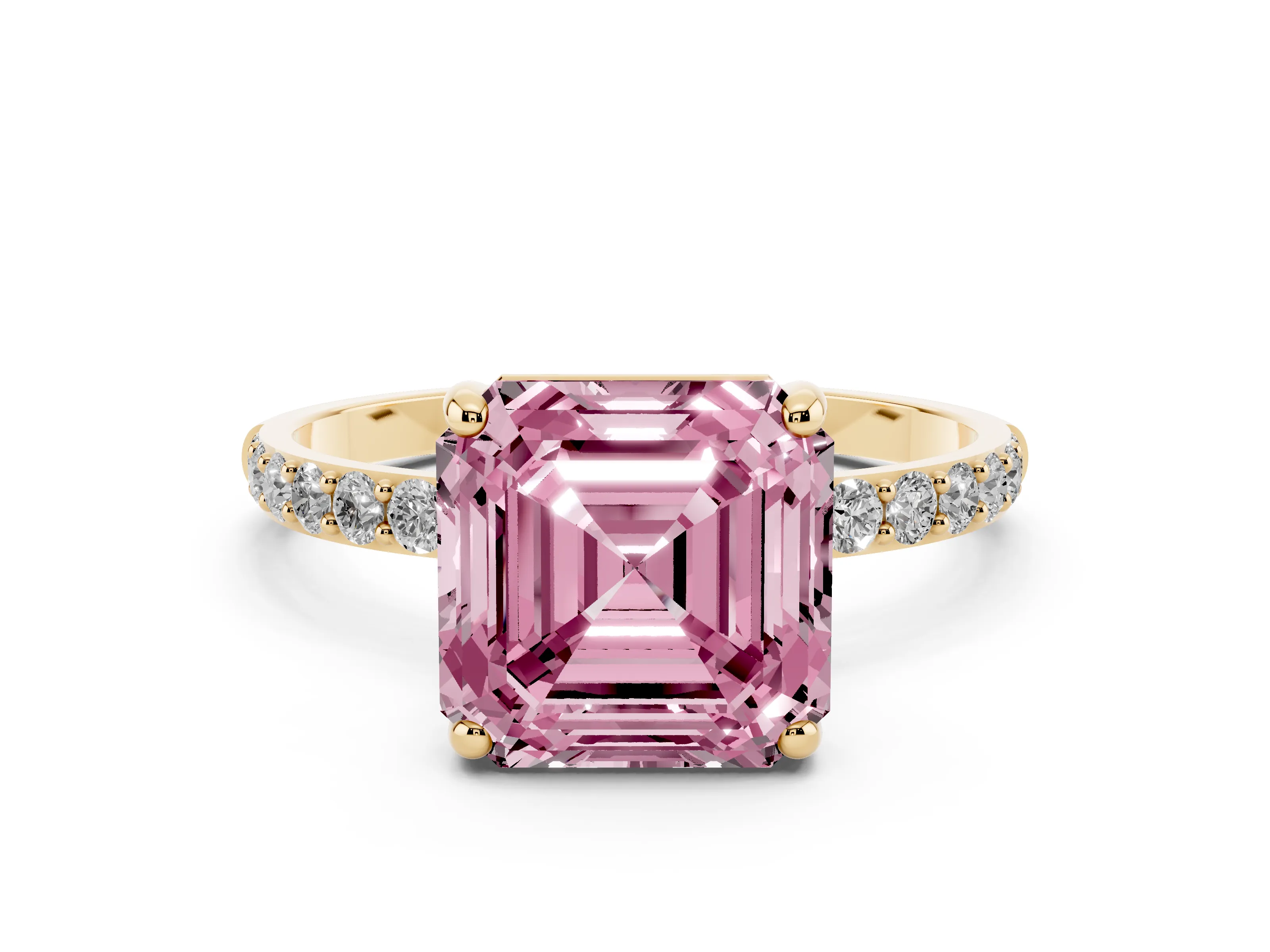 Fancy Pink Asscher Cut Diamond Solitaire Ring Set in Yellow gold with Round Pavé Band and Prong Setting