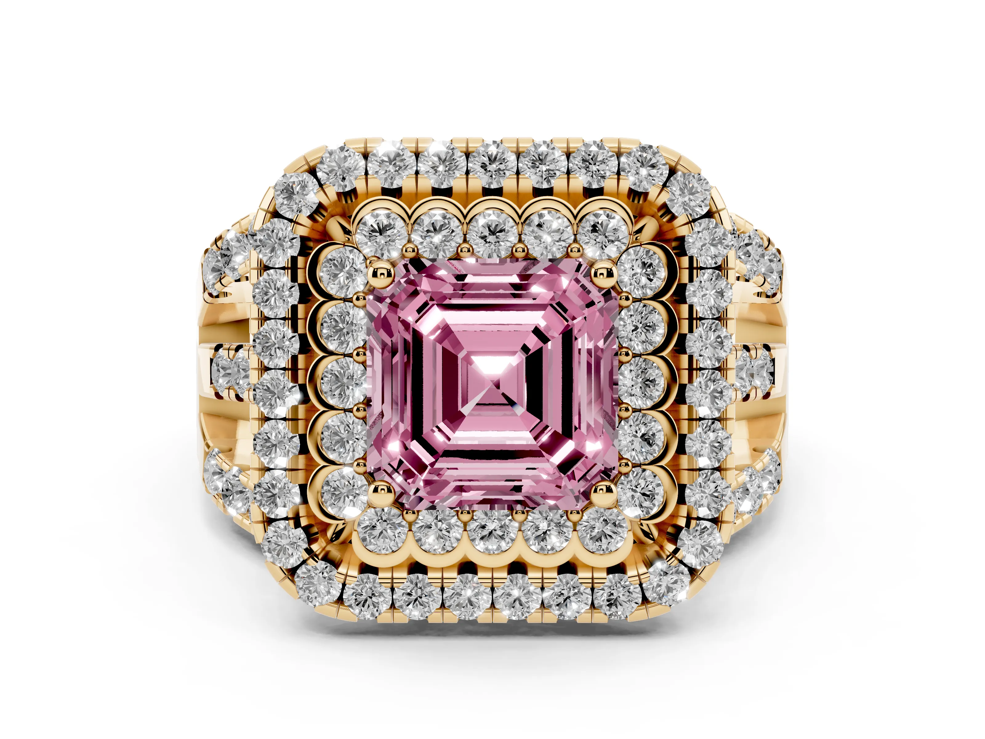 Fancy Pink Asscher Cut Diamond Double Halo Ring Set in Yellow gold with Round Pavé Split Shank