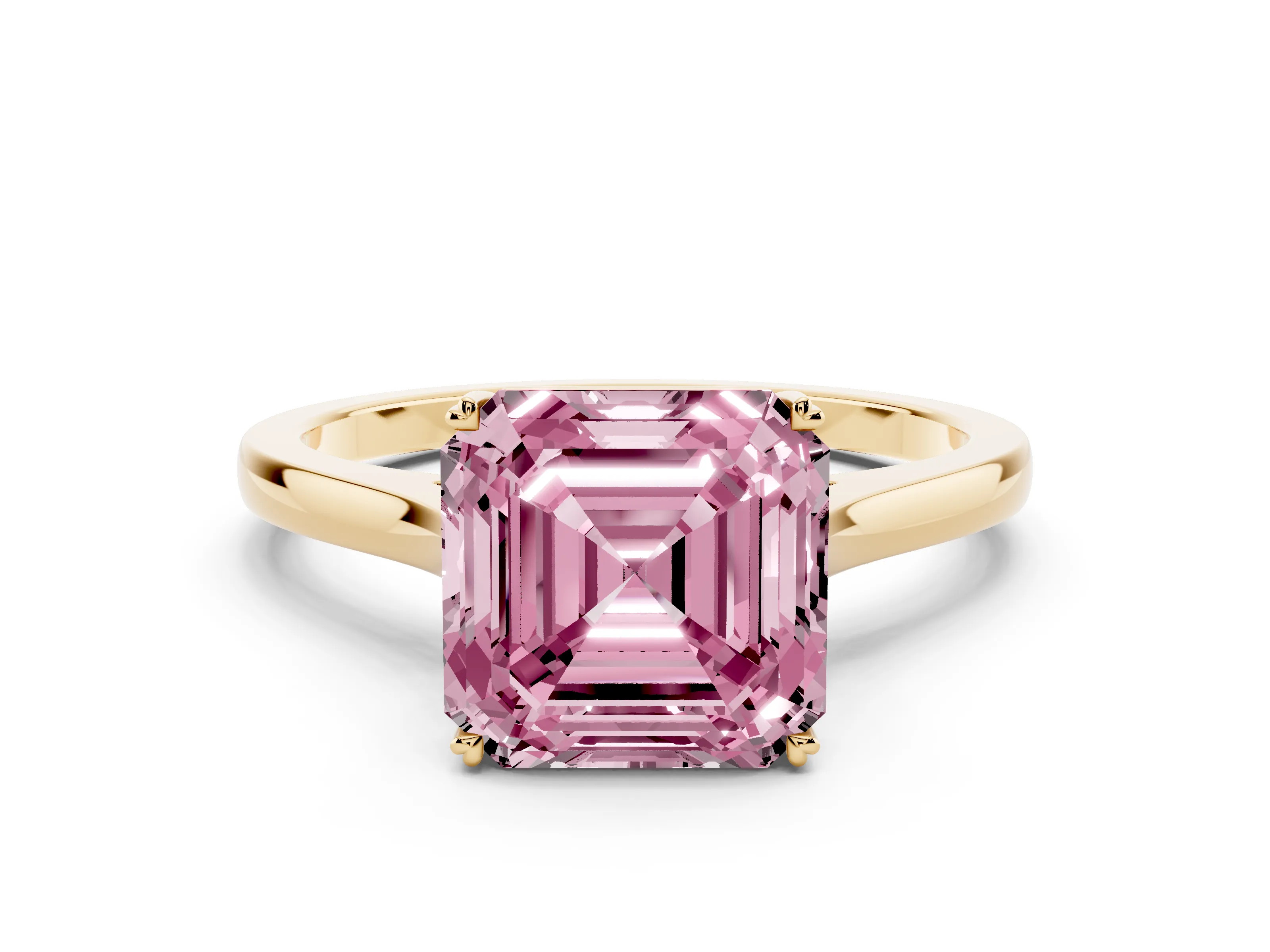 Fancy Pink Asscher Cut Diamond Solitaire Heart Prong Engagement Ring Set in Yellow gold with Tapered Band