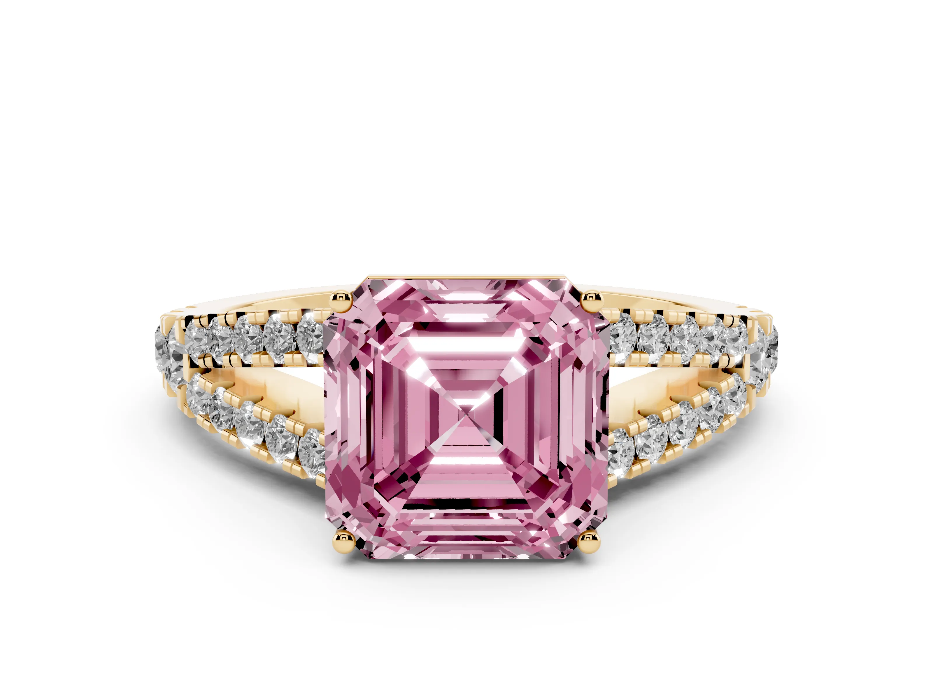 Fancy Pink Asscher Cut Diamond Split Shank Engagement Ring Set in Yellow gold with Round Pavé and Prong Setting