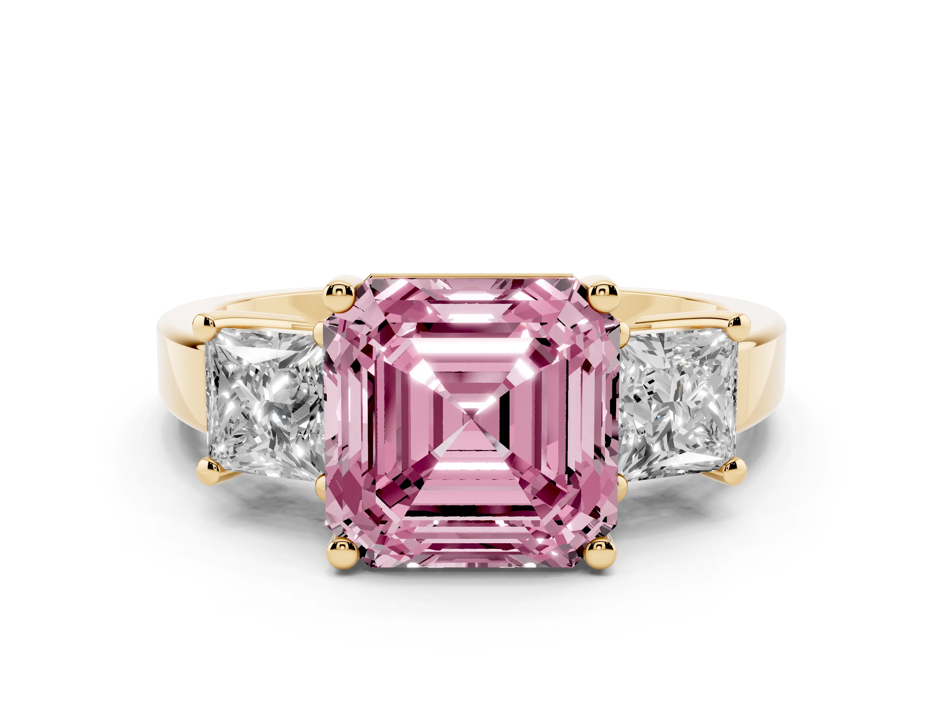Fancy Pink Three-Stone Asscher Cut Diamond Solitaire Ring Set in Yellow gold with Prong Setting