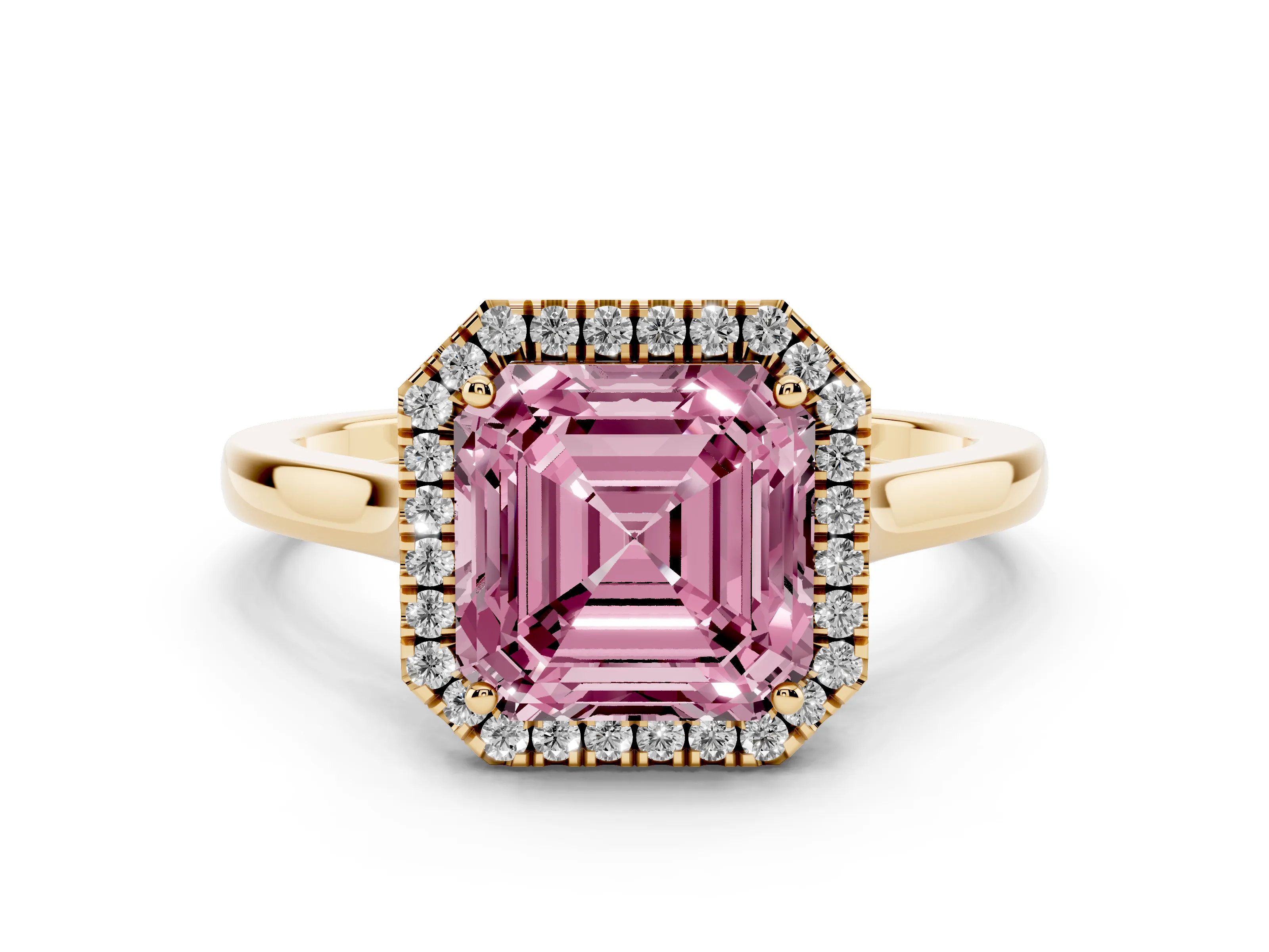 Fancy Pink Asscher Cut Halo Round Diamond Solitaire Ring Set in Yellow gold with Pavé Band and Prong Setting