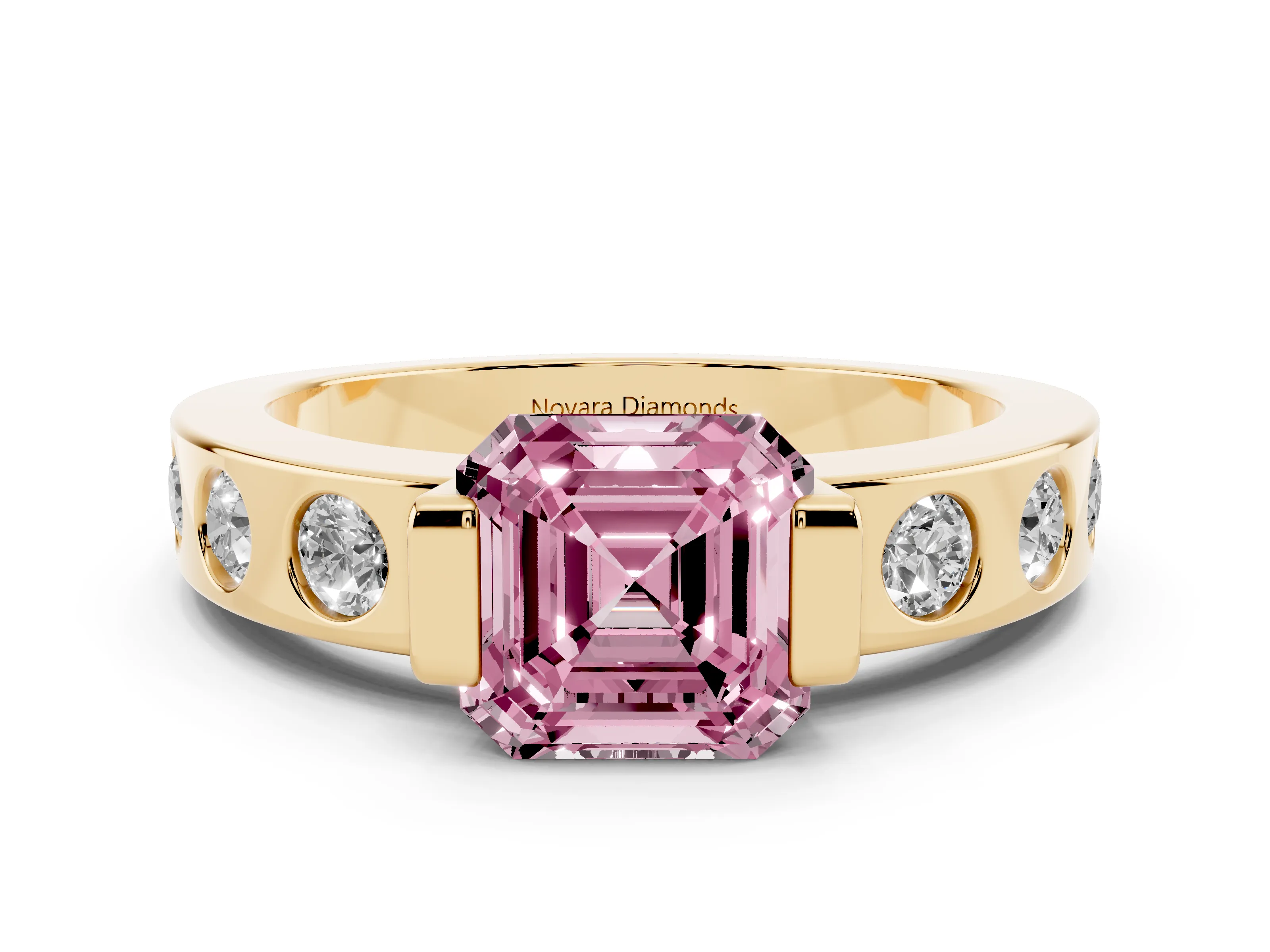 Fancy Pink Asscher Cut Diamond Channel-Set Band Ring Set in Yellow gold with Bezel Prong Setting