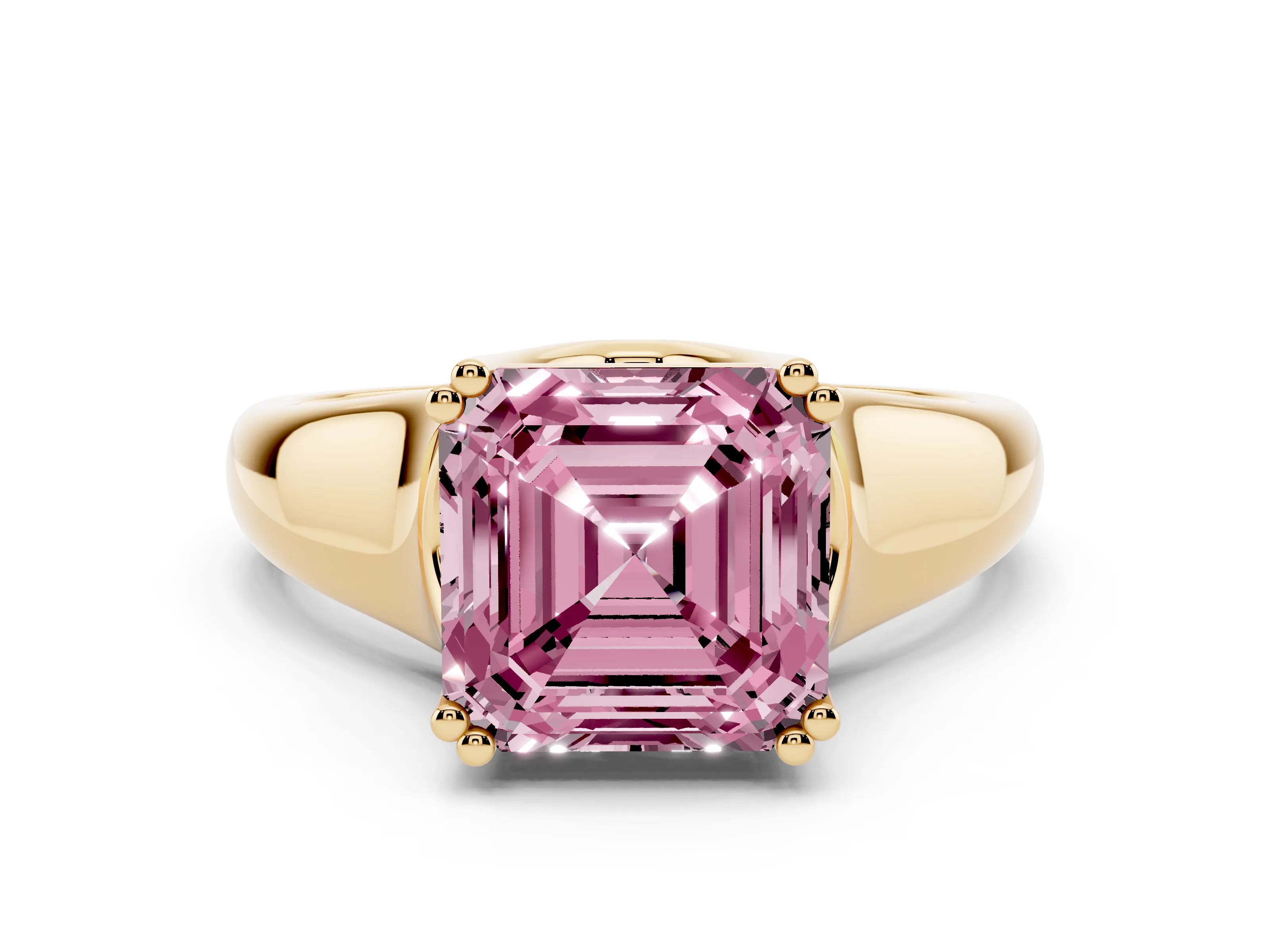 Fancy Pink Asscher Cut Diamond Solitaire Ring Set in Yellow gold with Wide Band and Prong Setting