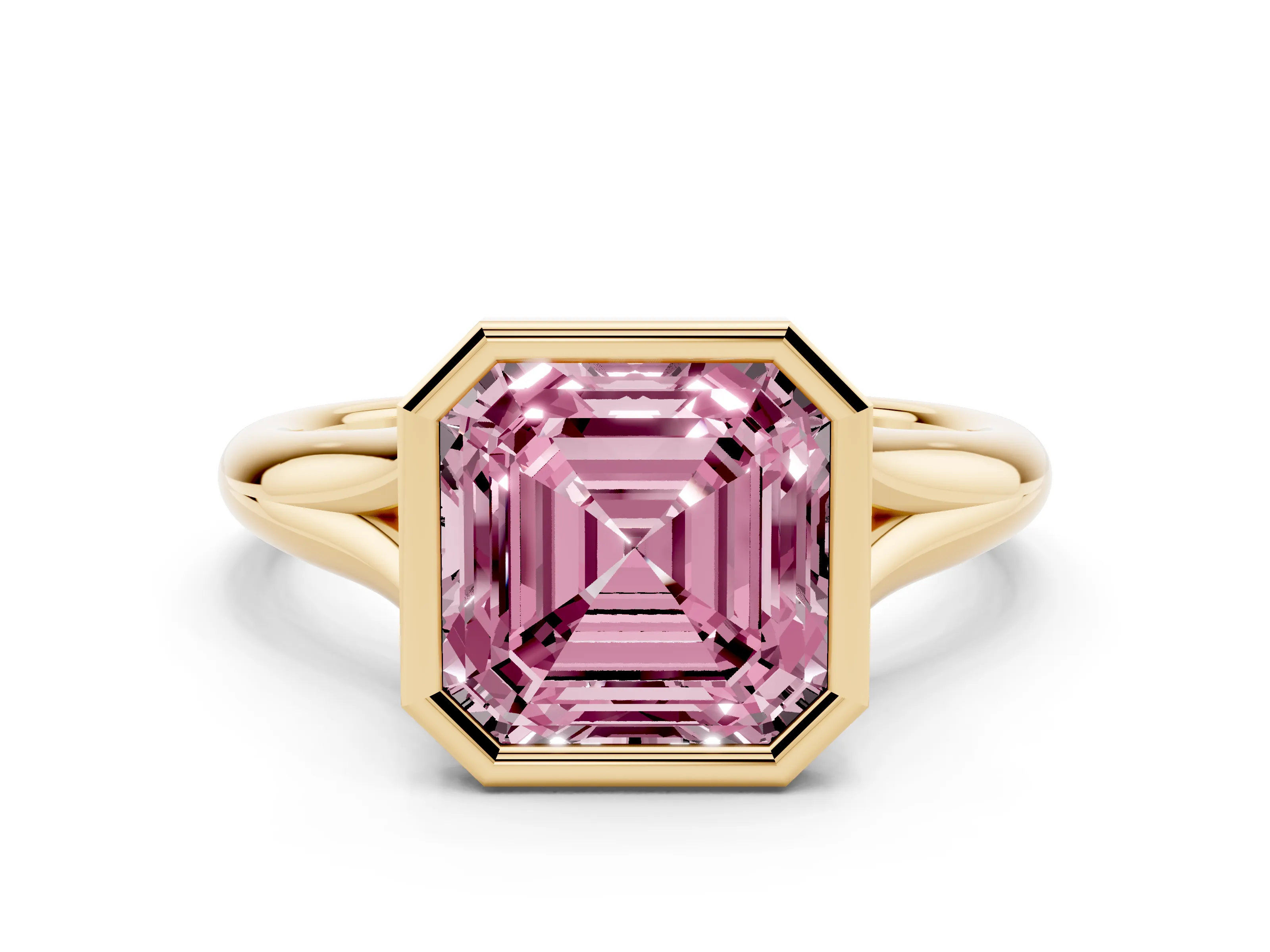 Fancy Pink Bezel Set Asscher Cut Diamond Solitaire Ring Set in Yellow gold with Smooth Band