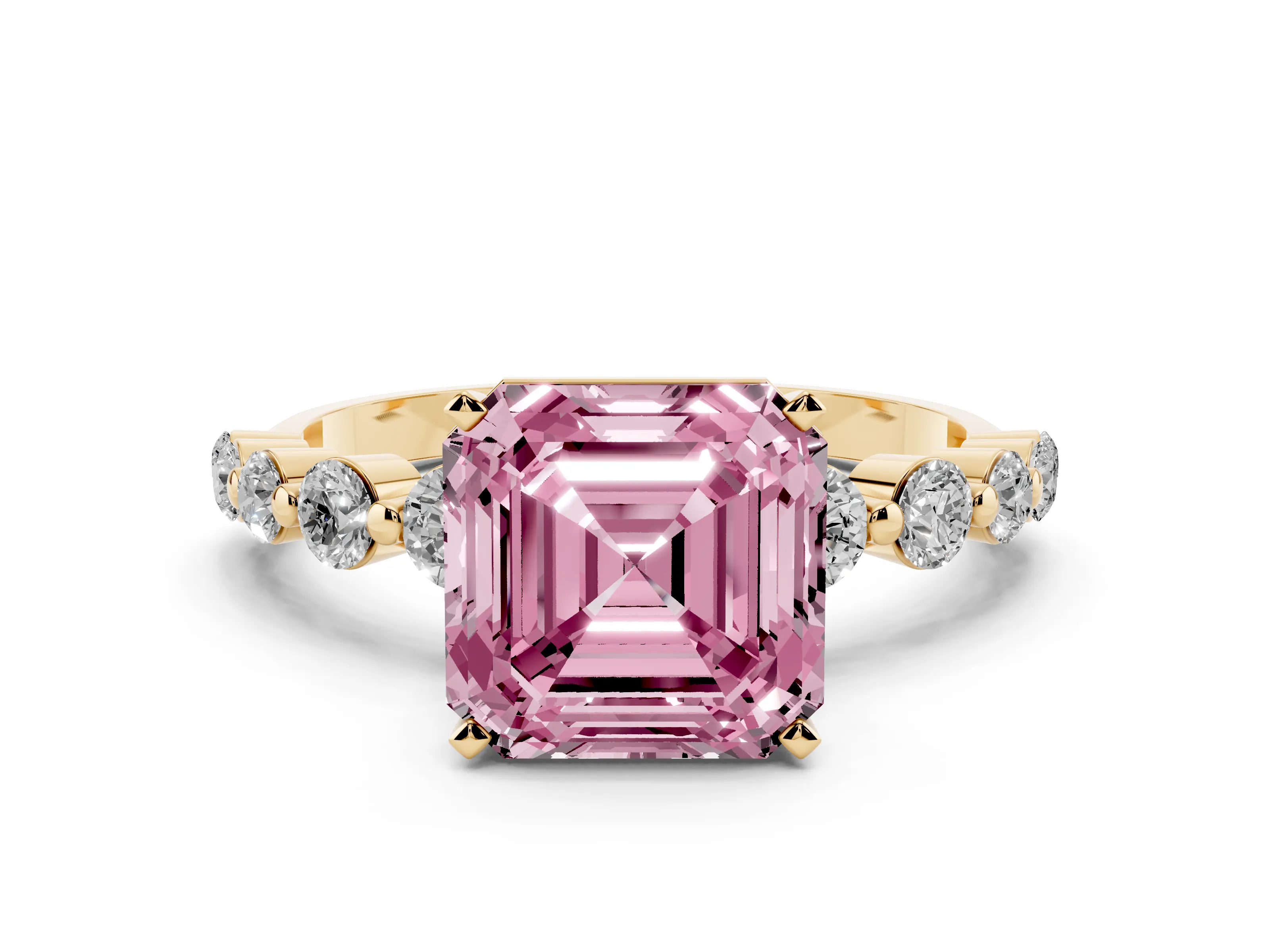 Fancy Pink Asscher Cut Diamond Solitaire Ring Set in Yellow gold with Pavé Band and Prong Setting