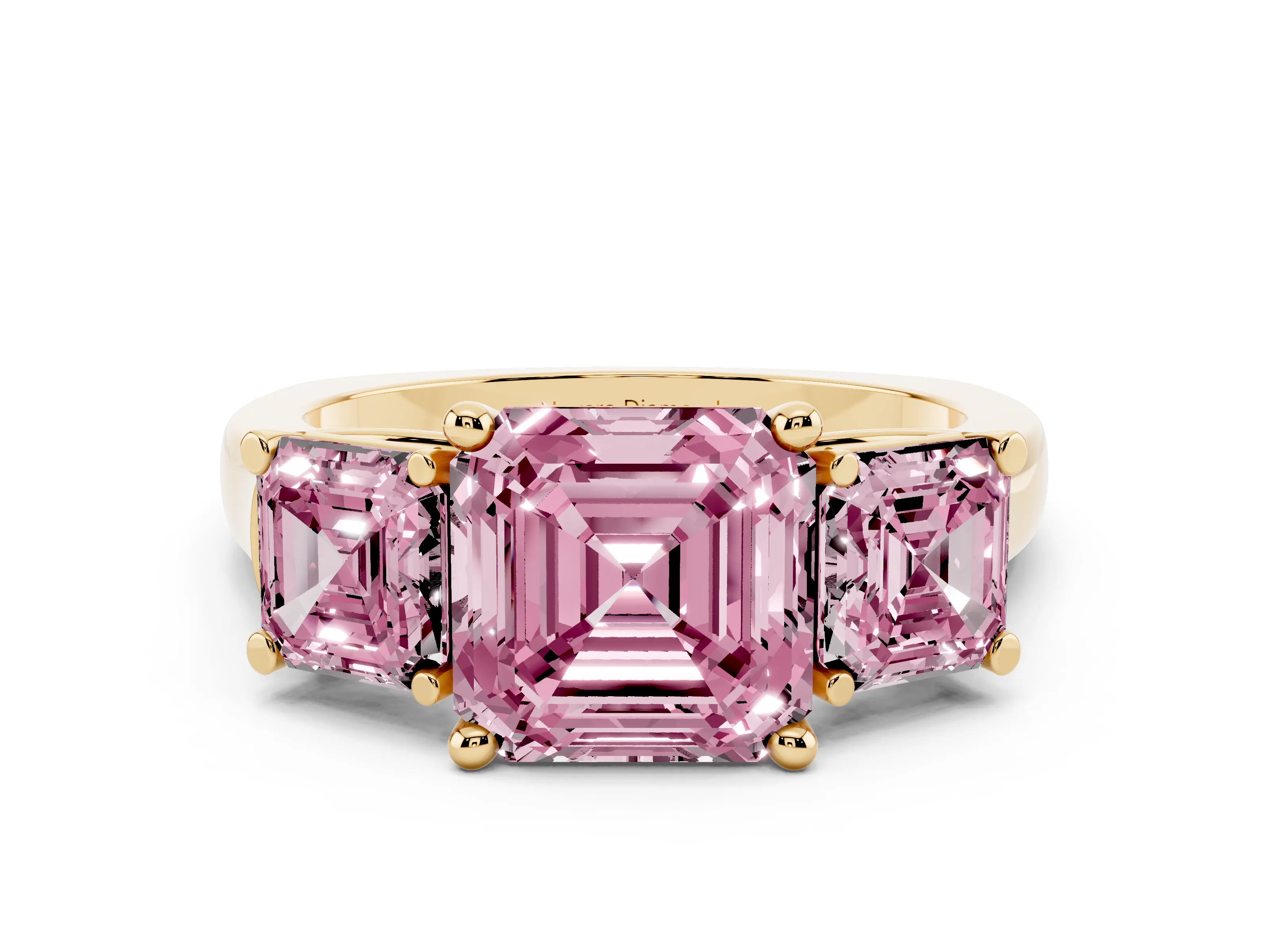 Fancy Pink Asscher Cut Diamond Three-Stone Trellis Ring Set in Yellow gold with Comfort Fit Band