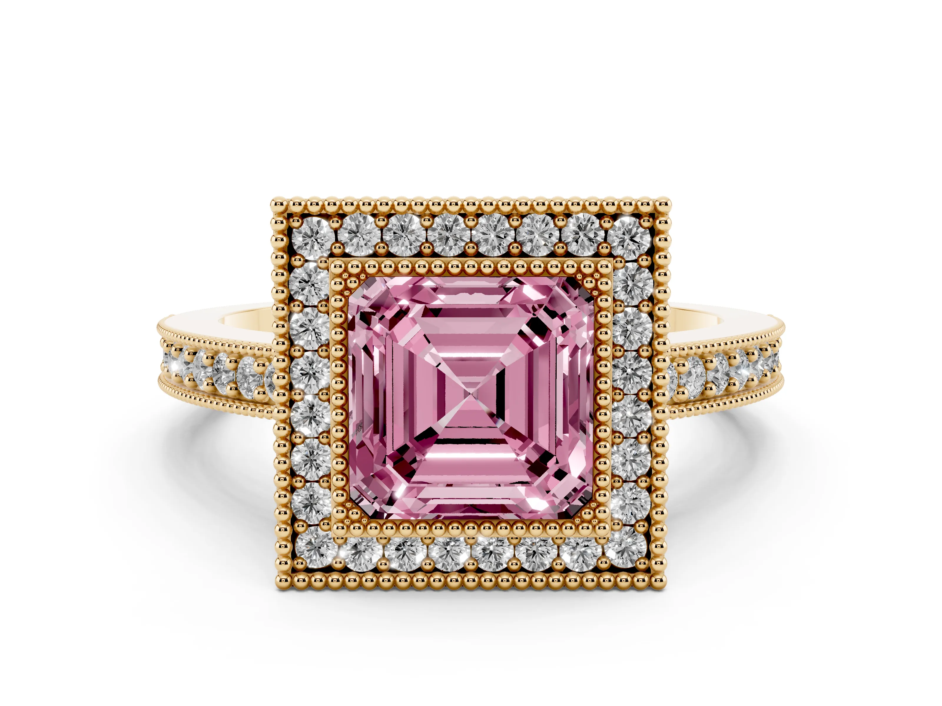 Fancy Pink Asscher Cut Diamond Halo Engagement Ring Set in Yellow gold with Pavé Band and Round Halo Stones
