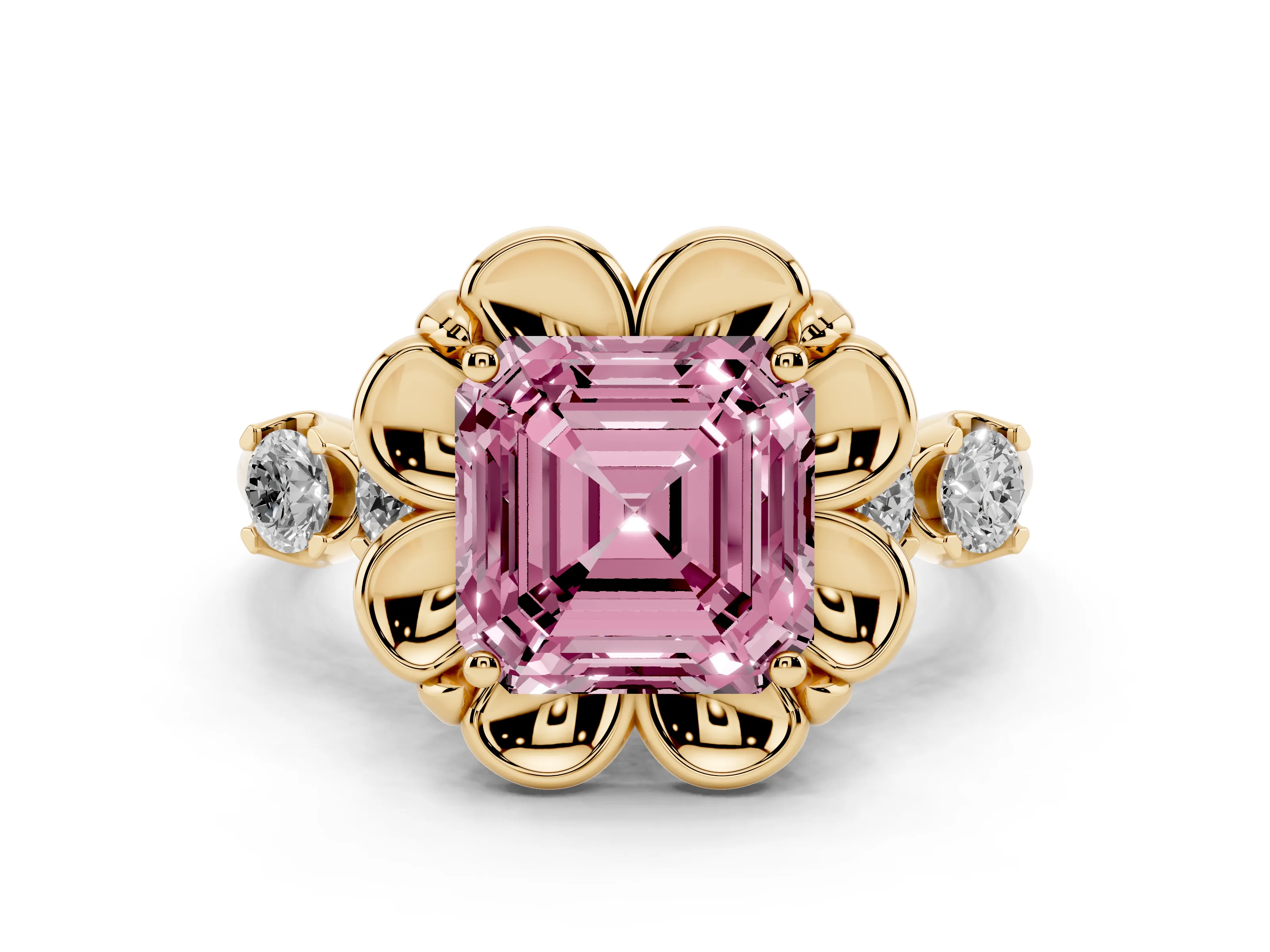 Fancy Pink Asscher Cut Diamond Floral Halo Ring Set in Yellow gold with Shared Prong Band