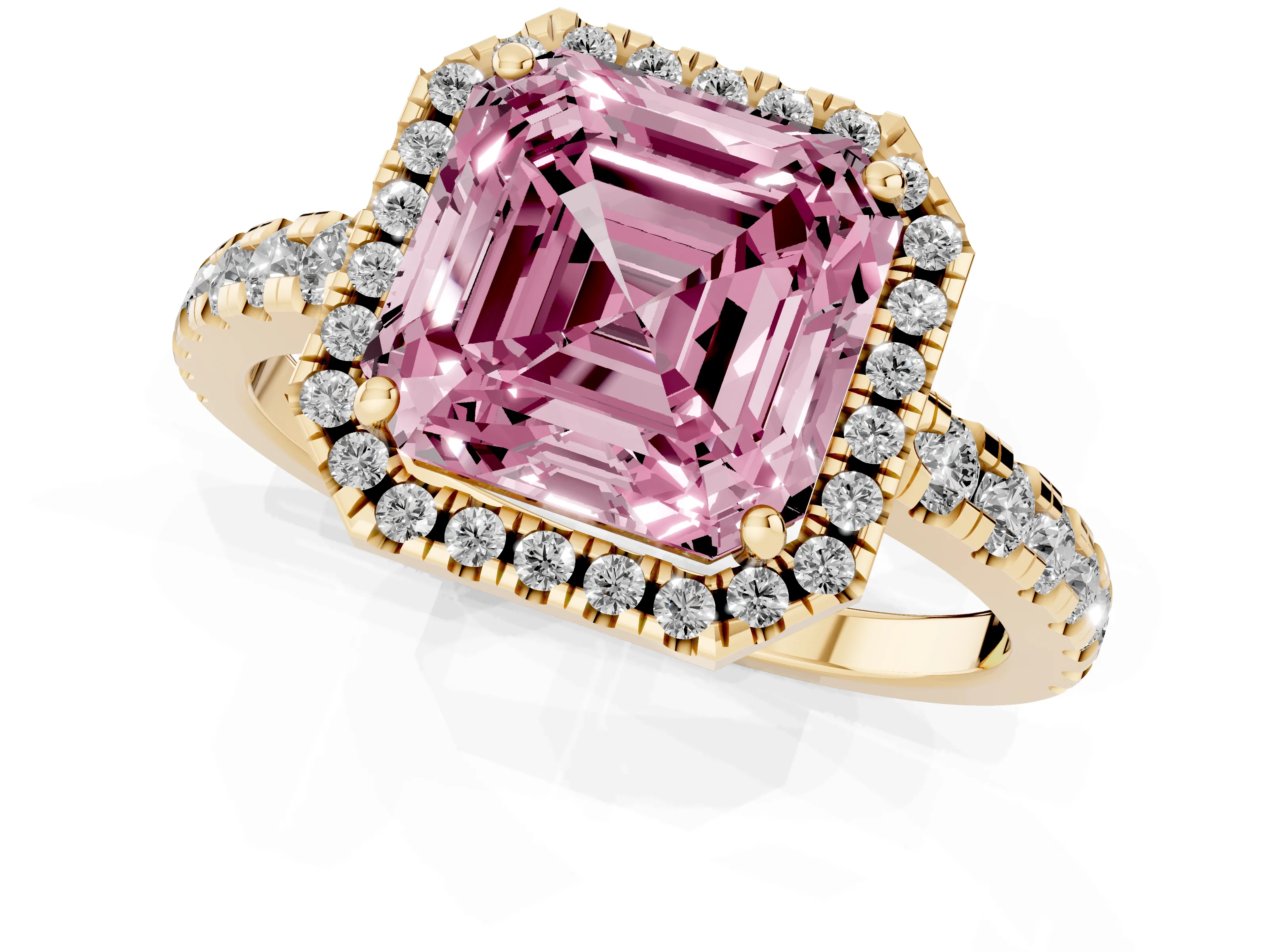 Fancy Pink Asscher Cut Diamond Halo Ring Set in Yellow gold with Delicate Pavé Band and Prong Setting