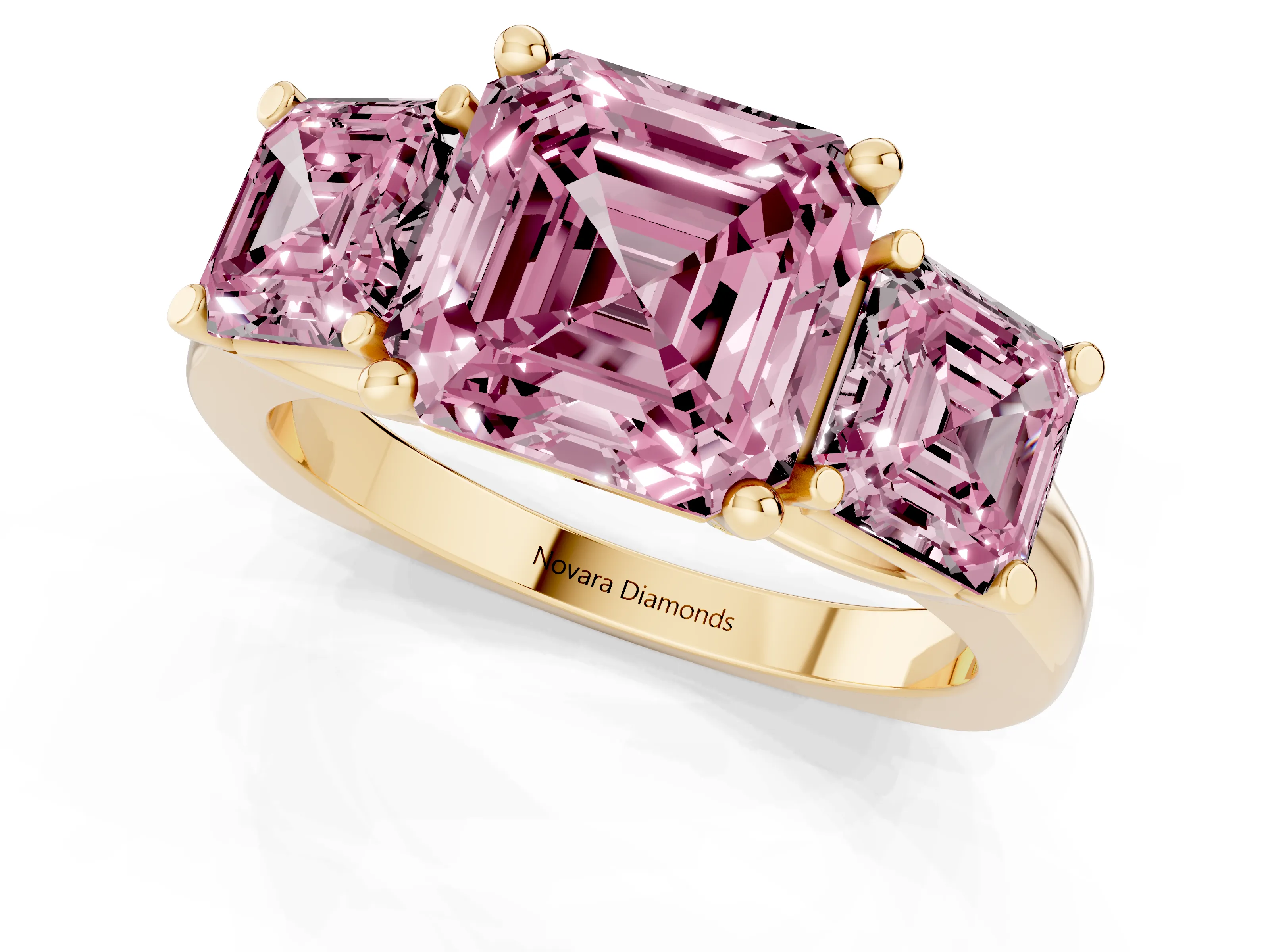 Fancy Pink Asscher Cut Diamond Three-Stone Trellis Ring Set in Yellow gold with Comfort Fit Band