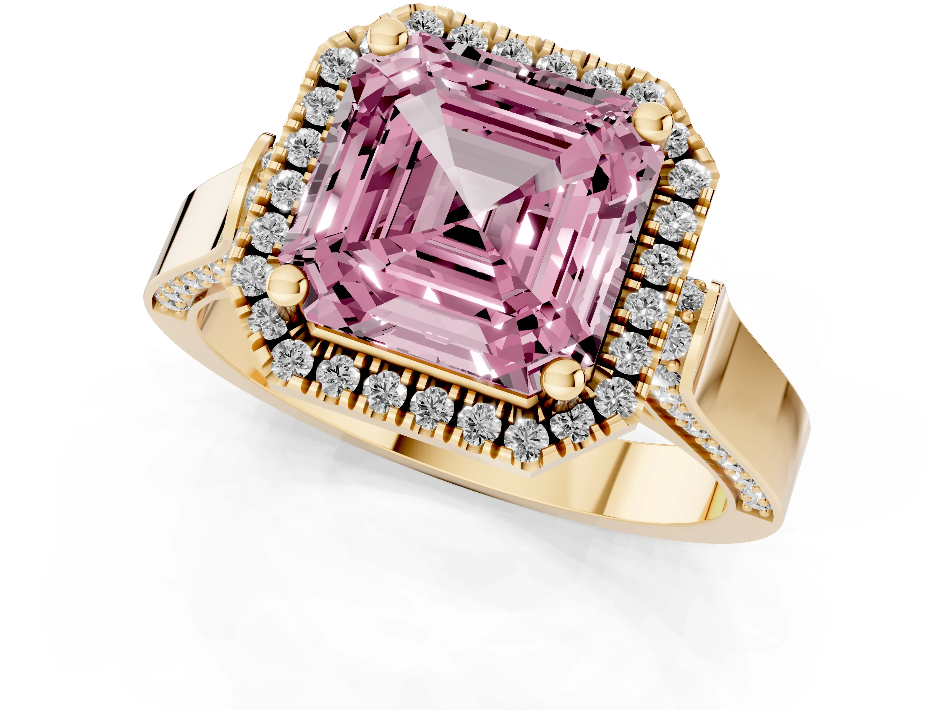 Fancy Pink Asscher Cut Diamond Halo Ring Set in Yellow gold with Pavé-Lined Split Shank Band