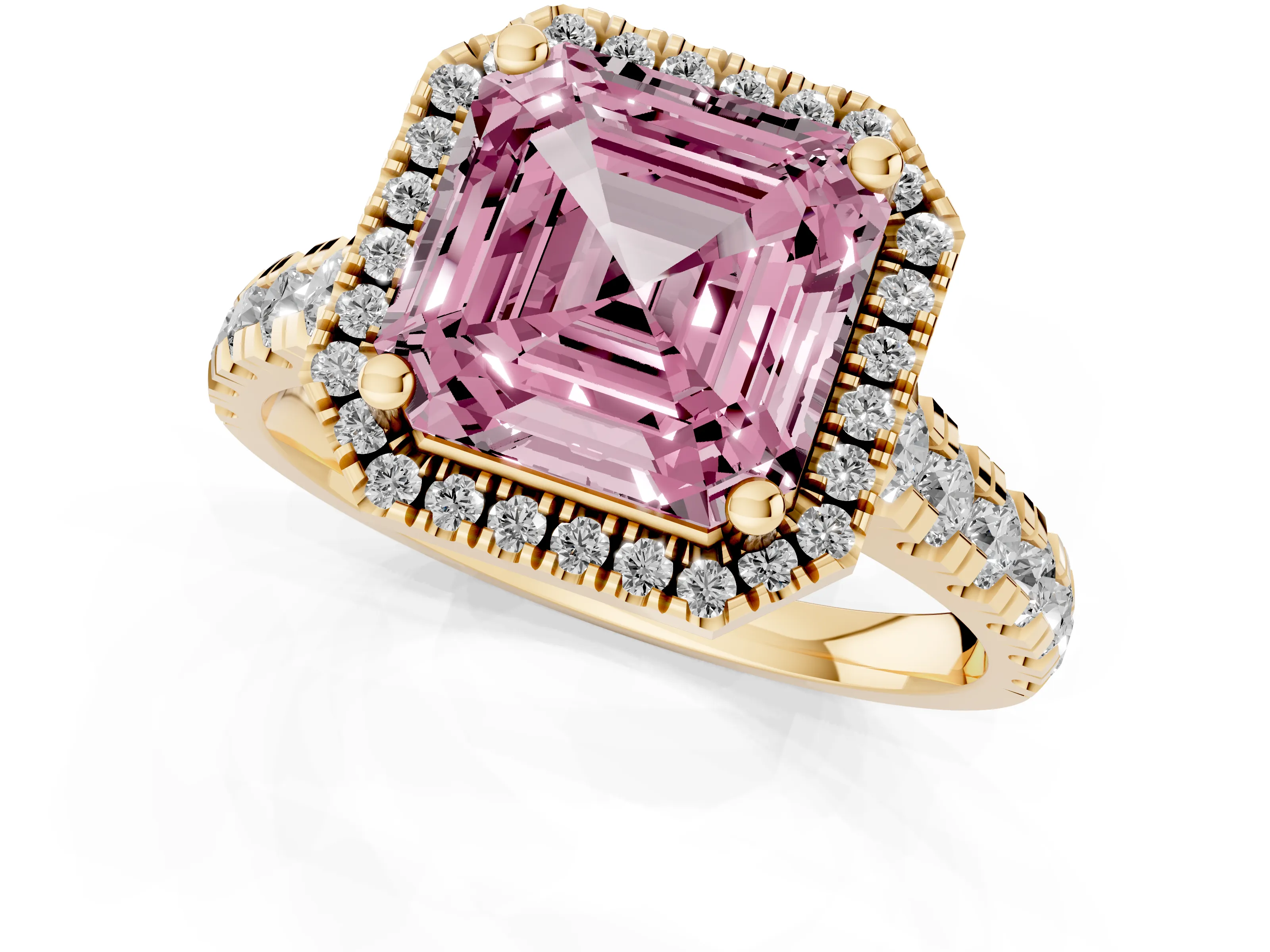 Fancy Pink Asscher Cut Diamond Halo Engagement Ring Set in Yellow gold with Pavé Band and Prong-Set Center