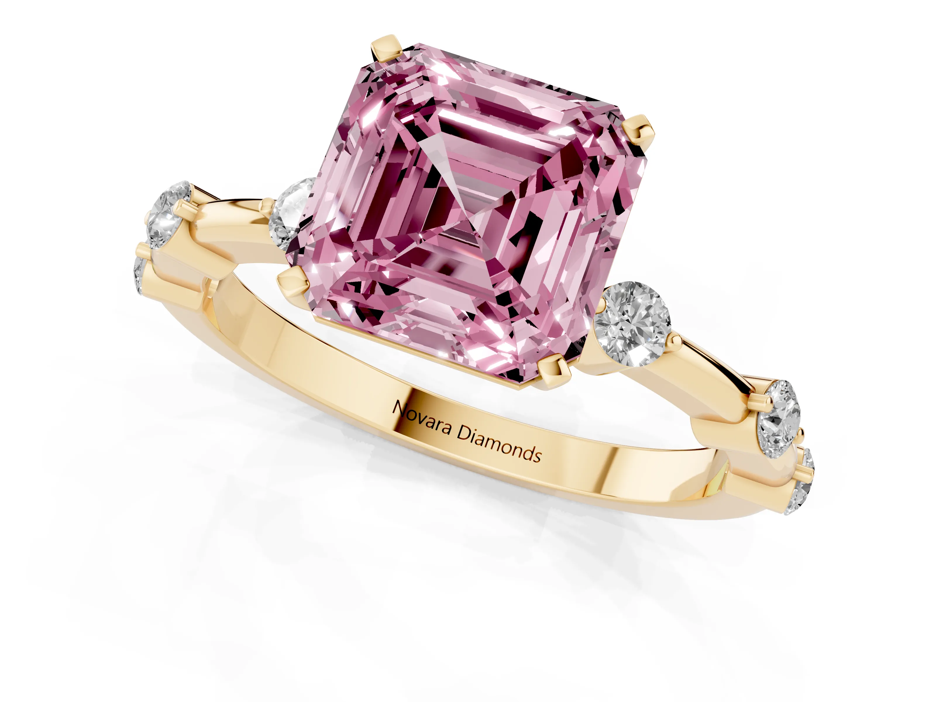 Fancy Pink Asscher Cut Diamond Solitaire Ring Set in Yellow gold with Bezel Set Side Stones and Prong Setting