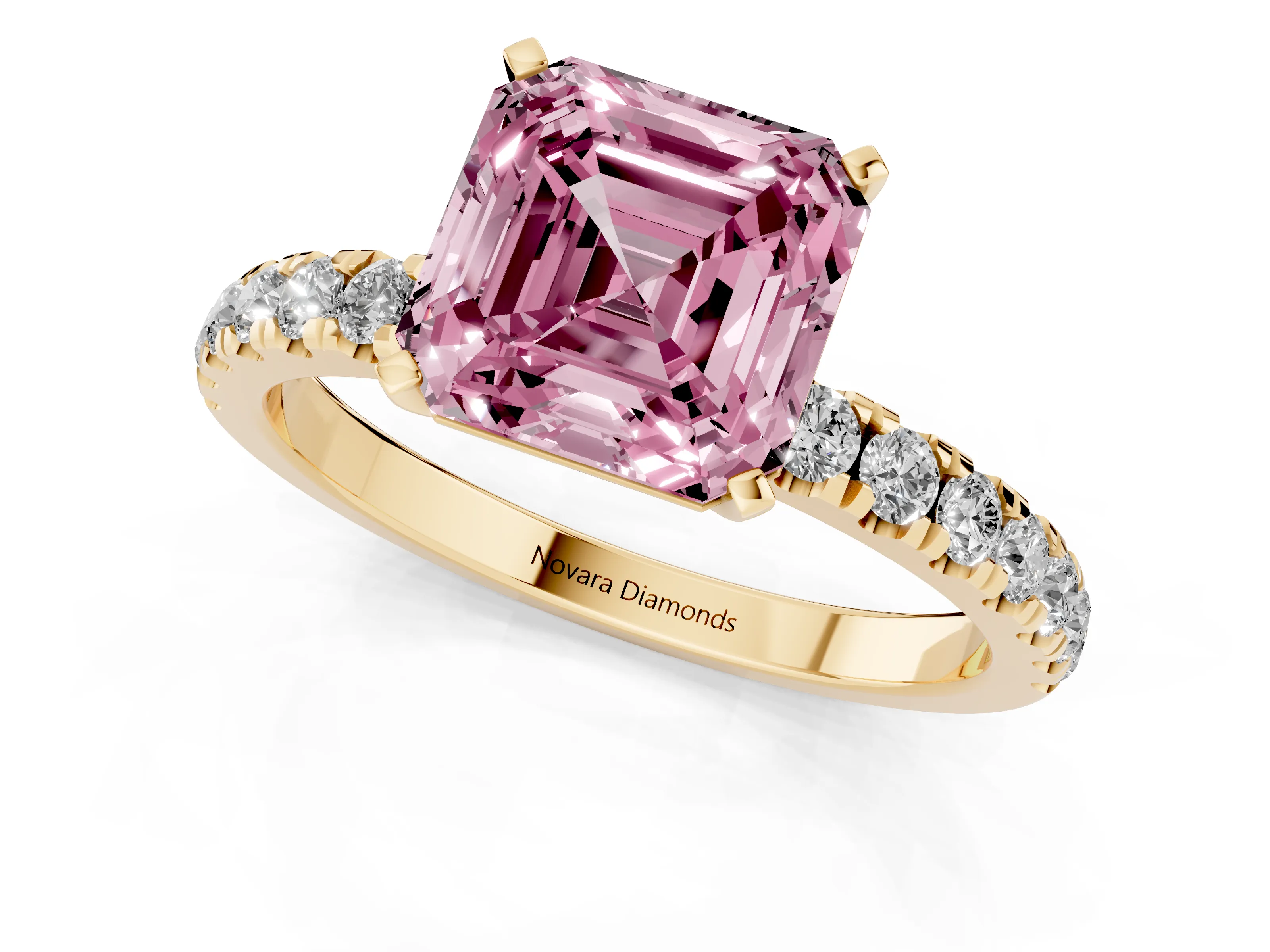 Fancy Pink Asscher Cut Diamond Solitaire Ring Set in Yellow gold with Pavé Accents and Prong Setting