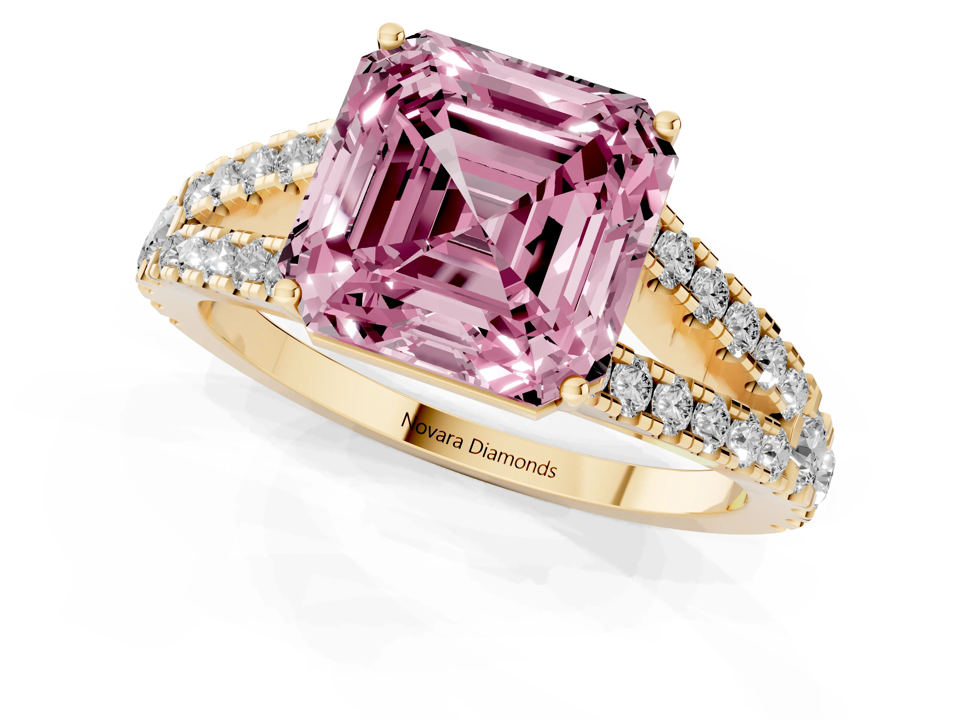 Fancy Pink Asscher Cut Diamond Split Shank Engagement Ring Set in Yellow gold with Round Pavé and Prong Setting – second view