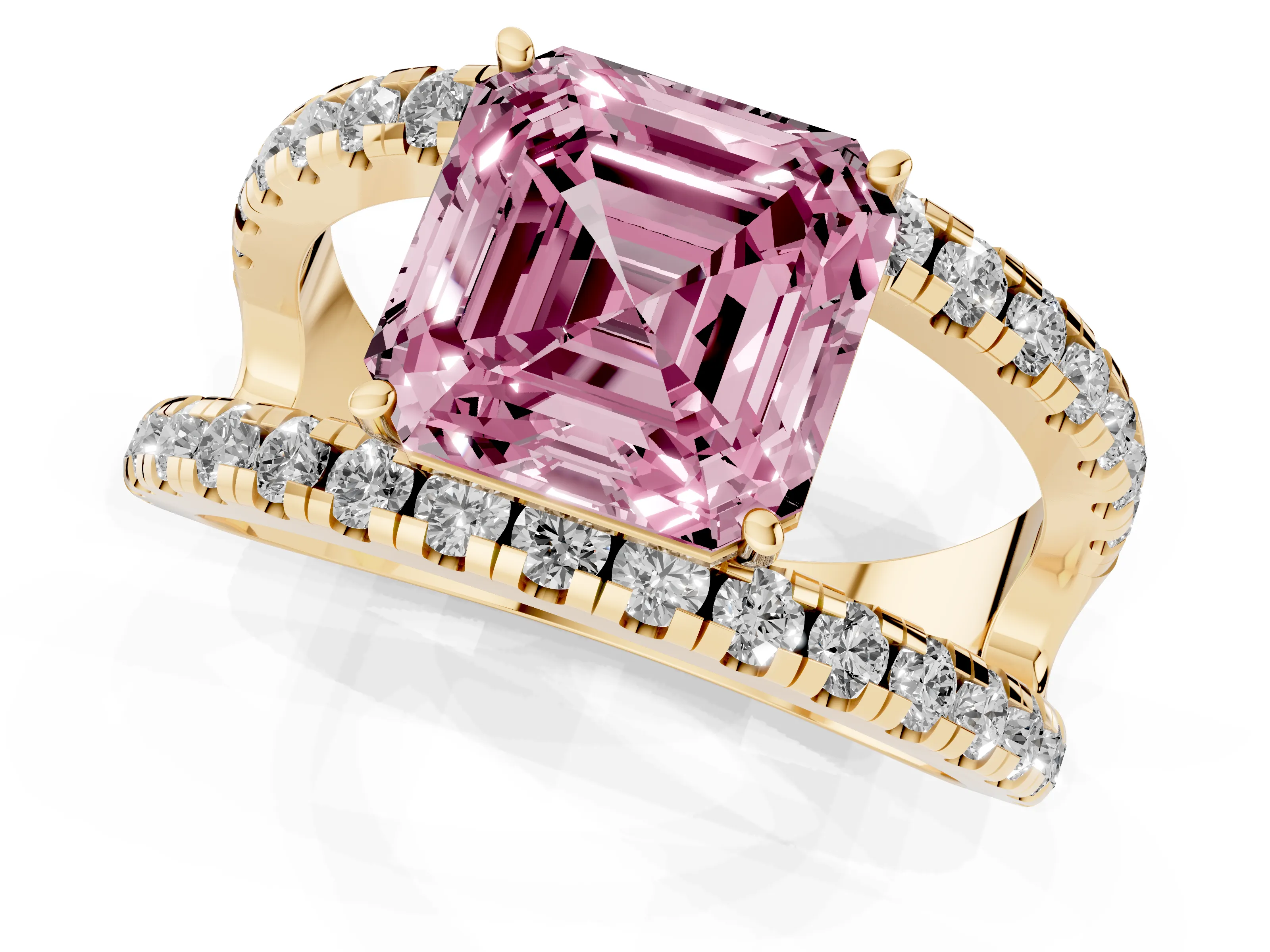 Fancy Pink Asscher Cut Diamond Split Shank Pavé Solitaire Ring Set in Yellow gold with Open Shank Design