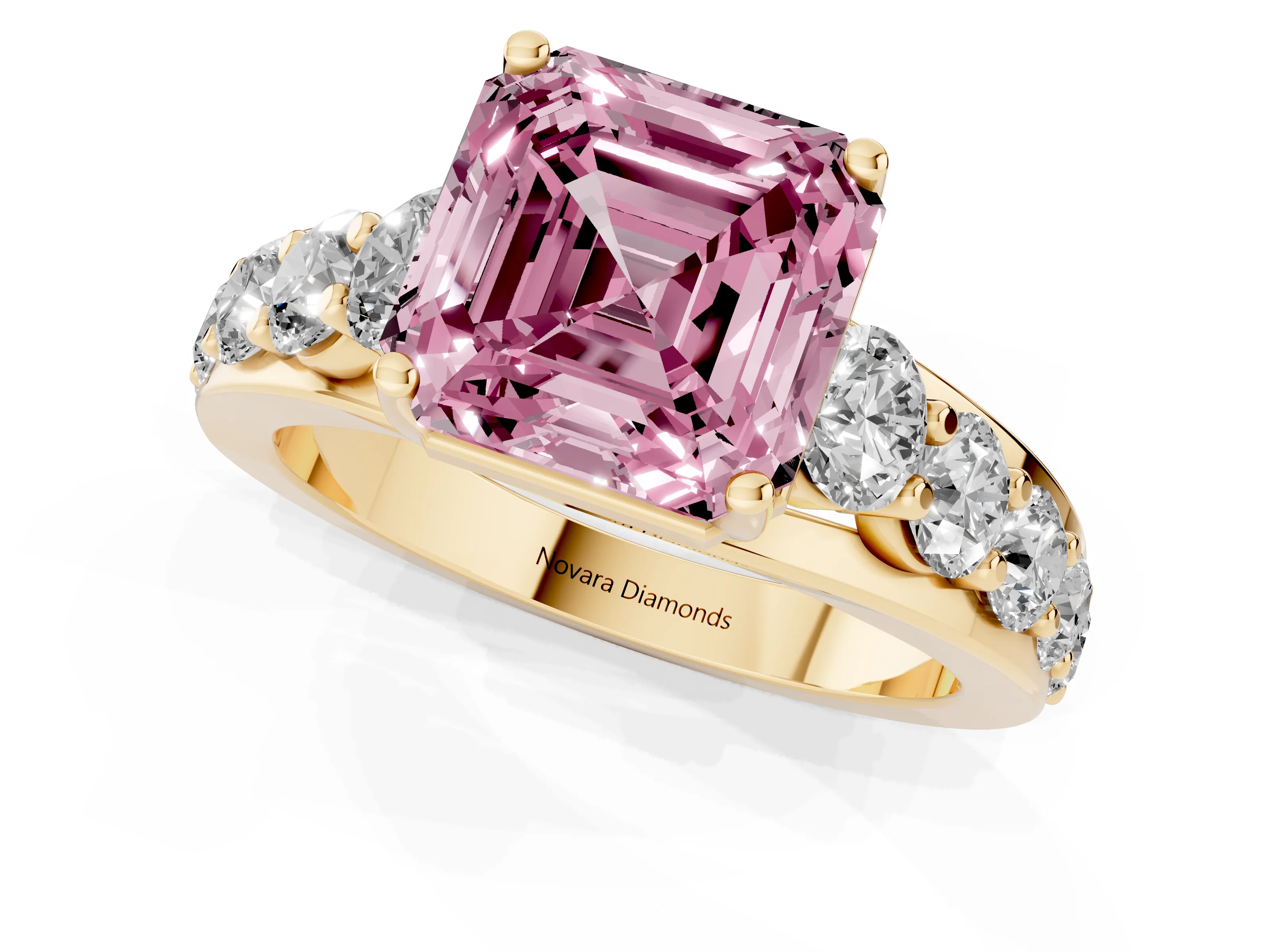 Fancy Pink Asscher Cut Diamond Pavé Engagement Ring Set in Yellow gold with Prong Setting