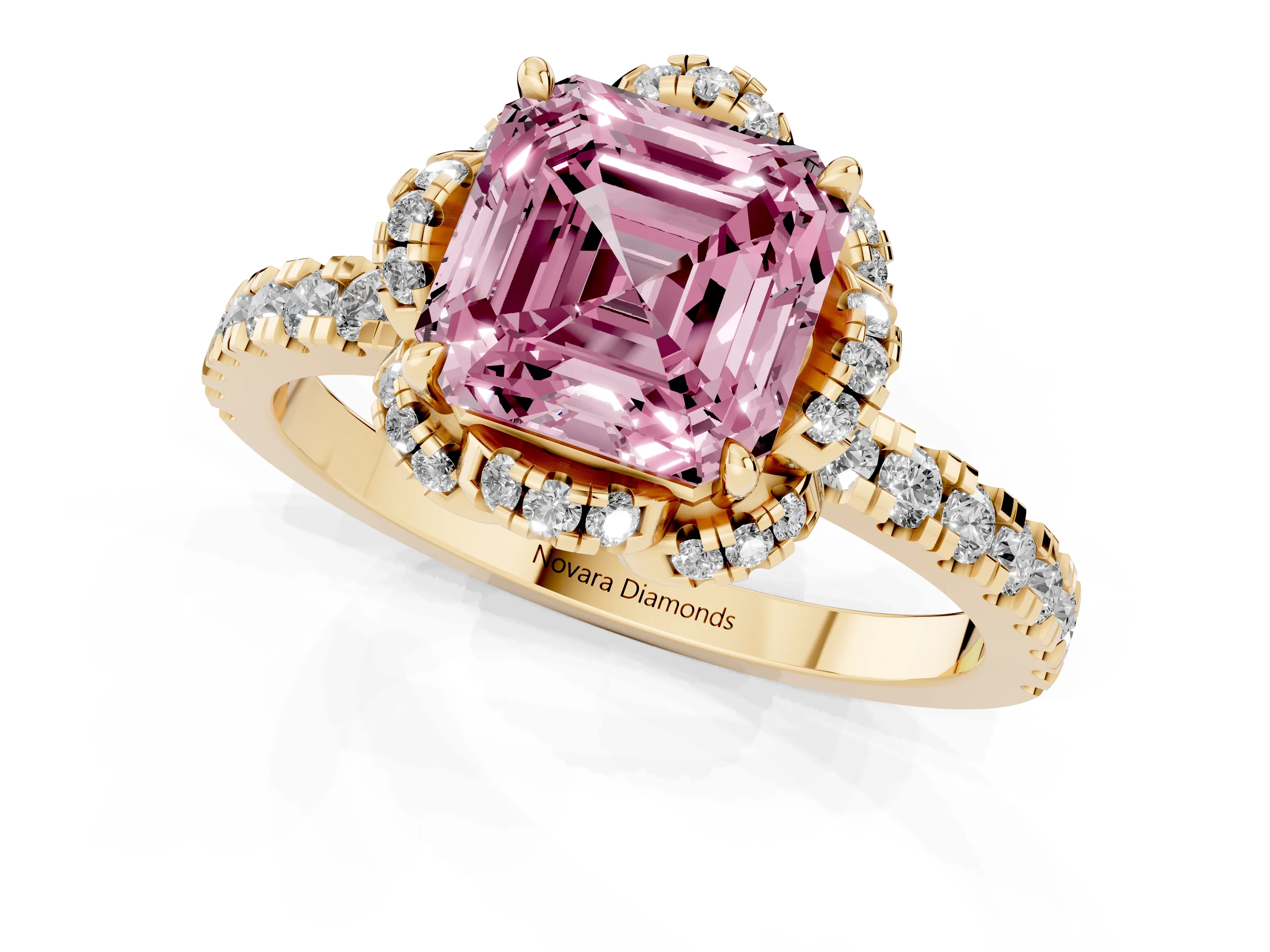 Fancy Pink Asscher Cut Diamond Halo Pavé Ring Set in Yellow gold with Prong-Held Center Stone