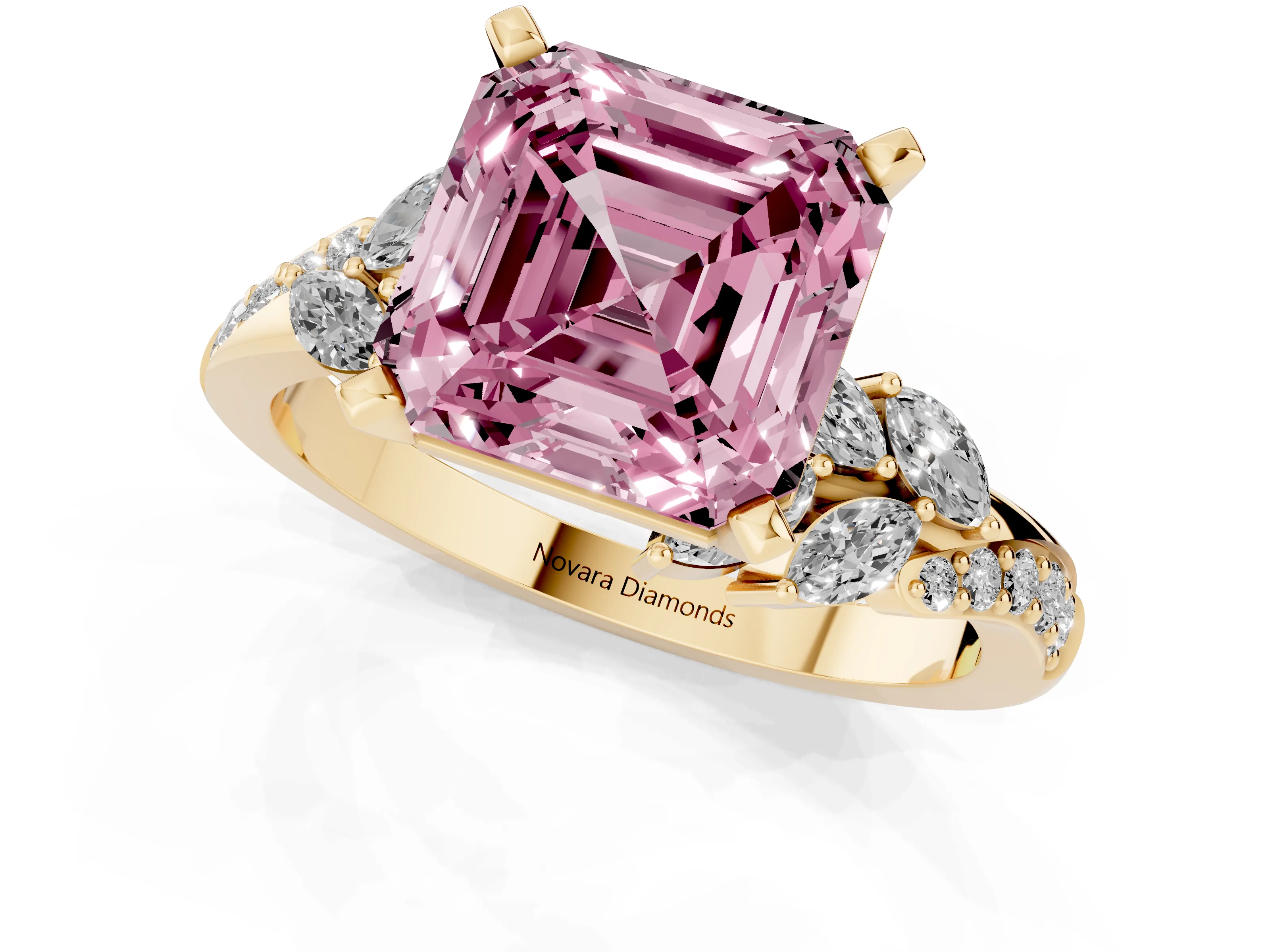 Fancy Pink Asscher Cut Diamond Solitaire Ring Set in Yellow gold with Marquise Twist Band and Prong Setting