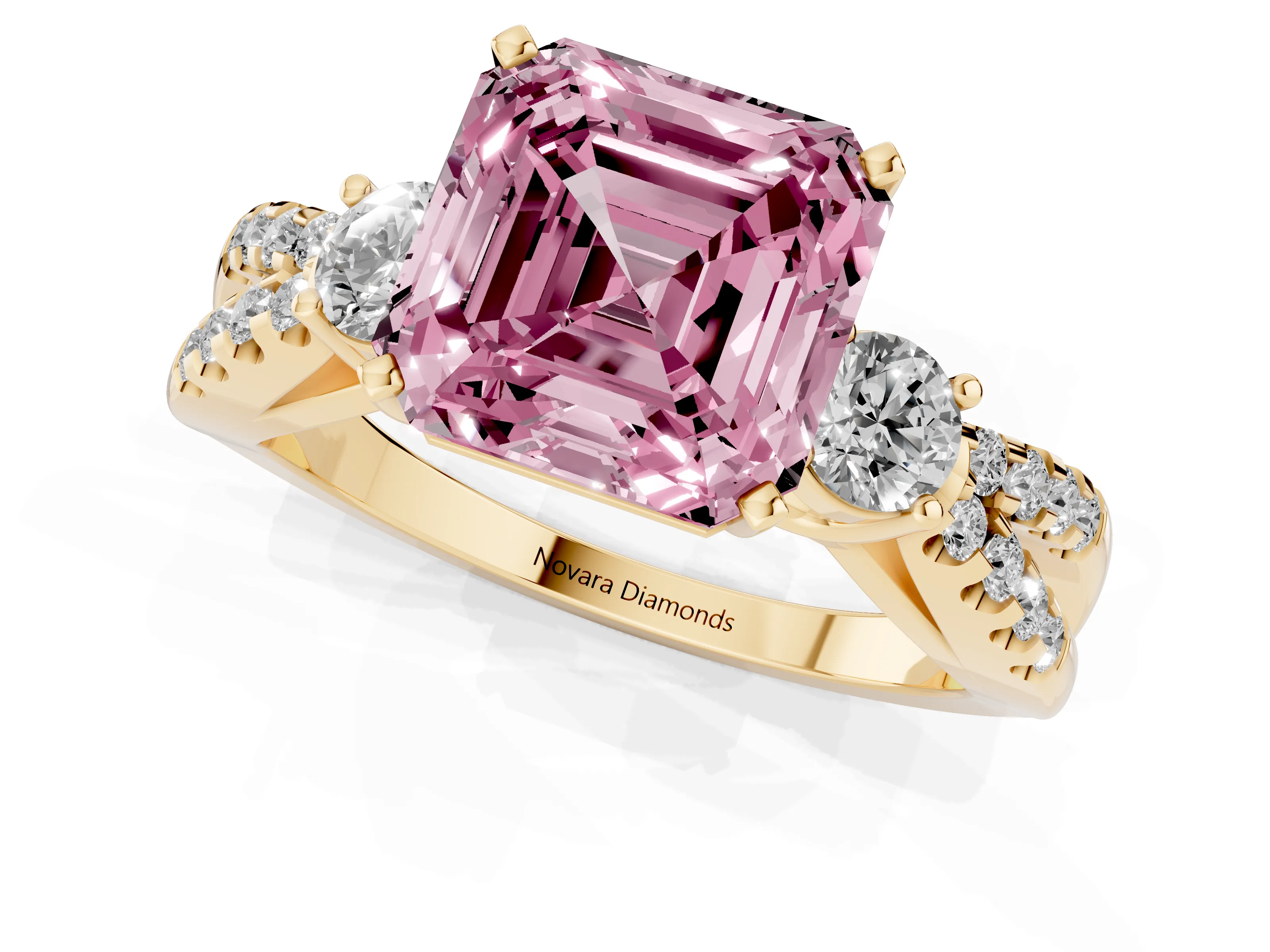 Fancy Pink Asscher Cut Diamond Three-Stone Ring Set in Yellow gold with Pavé Split Shank and Prong Setting