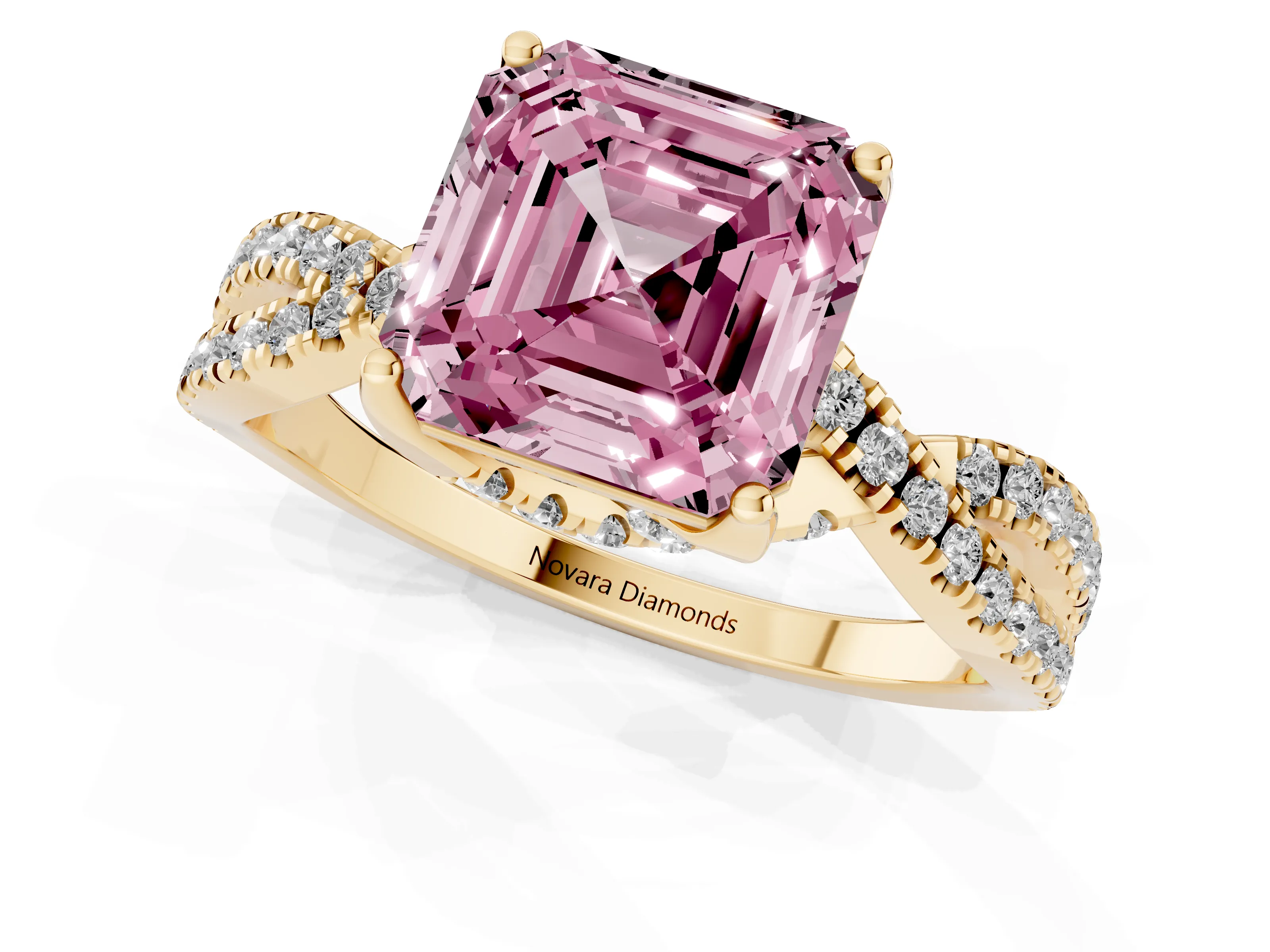 Fancy Pink Asscher Cut Diamond Twist Pavé Solitaire Engagement Ring Set in Yellow gold with Prong Setting