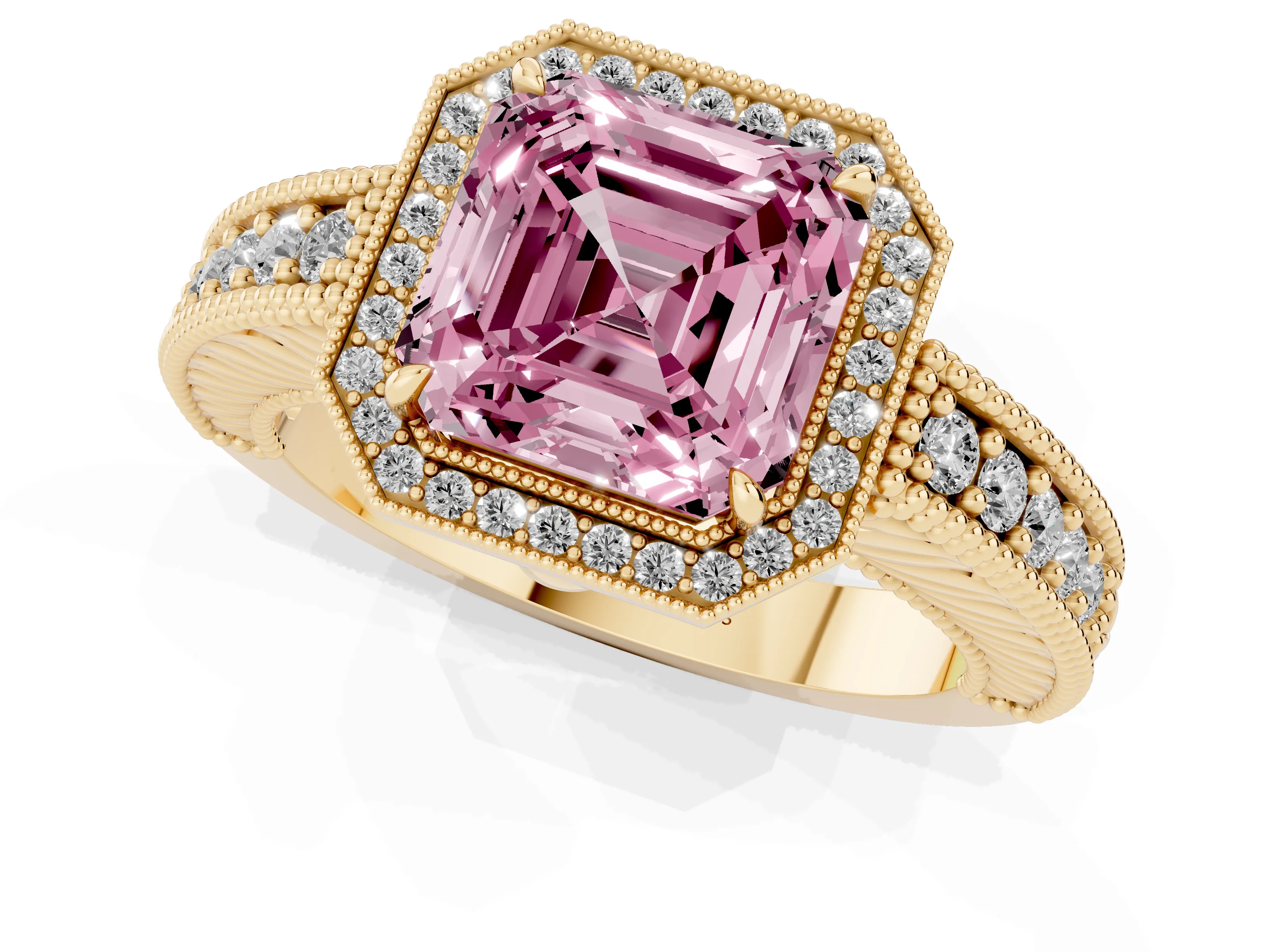 Fancy Pink Asscher Cut Diamond Halo Ring Set in Yellow gold with Round Accent Halo, Pavé Band and Prong Setting