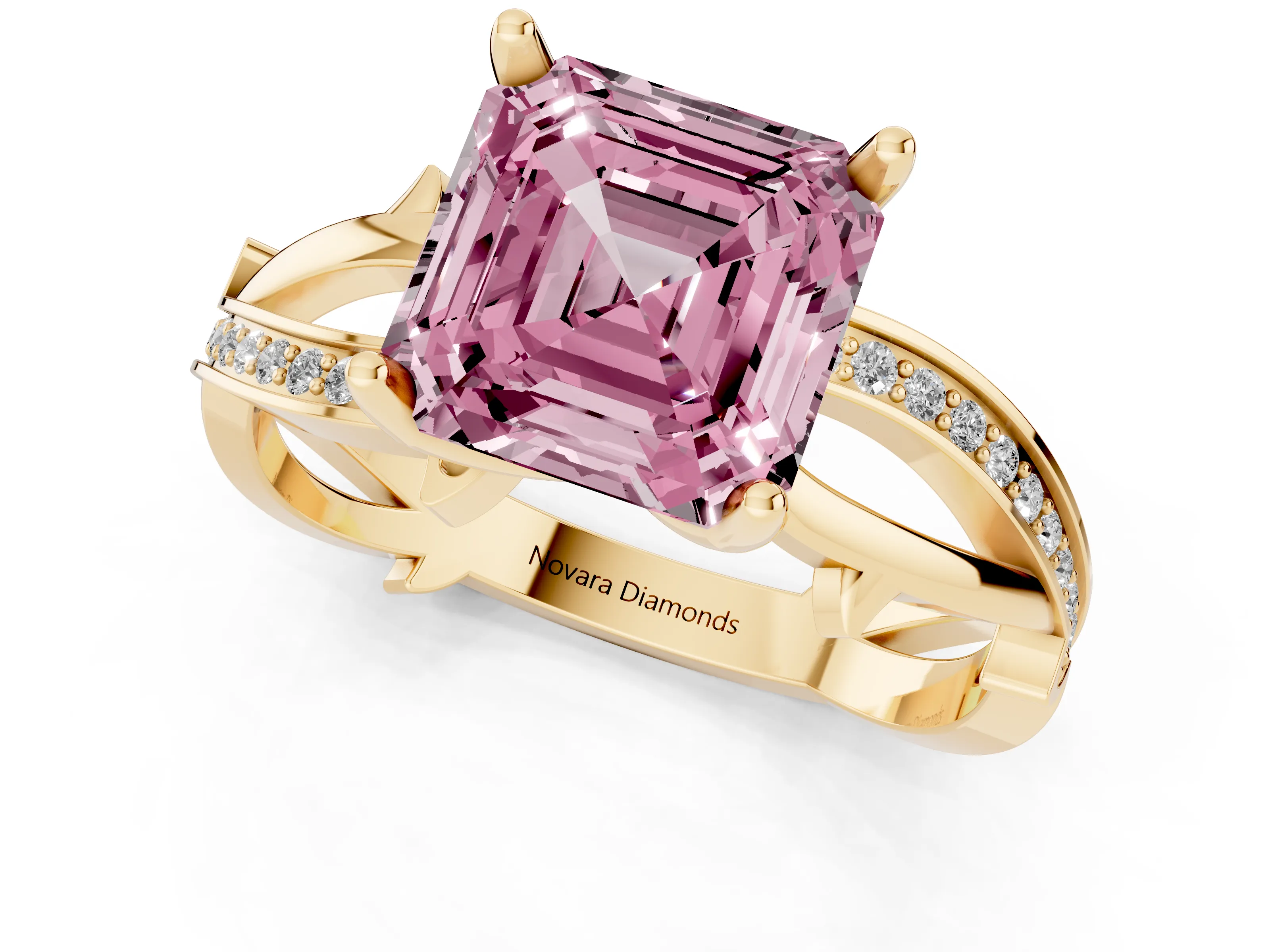 Fancy Pink Asscher Cut Diamond Pavé Twist Band Solitaire Ring Set in Yellow gold with Prong Setting