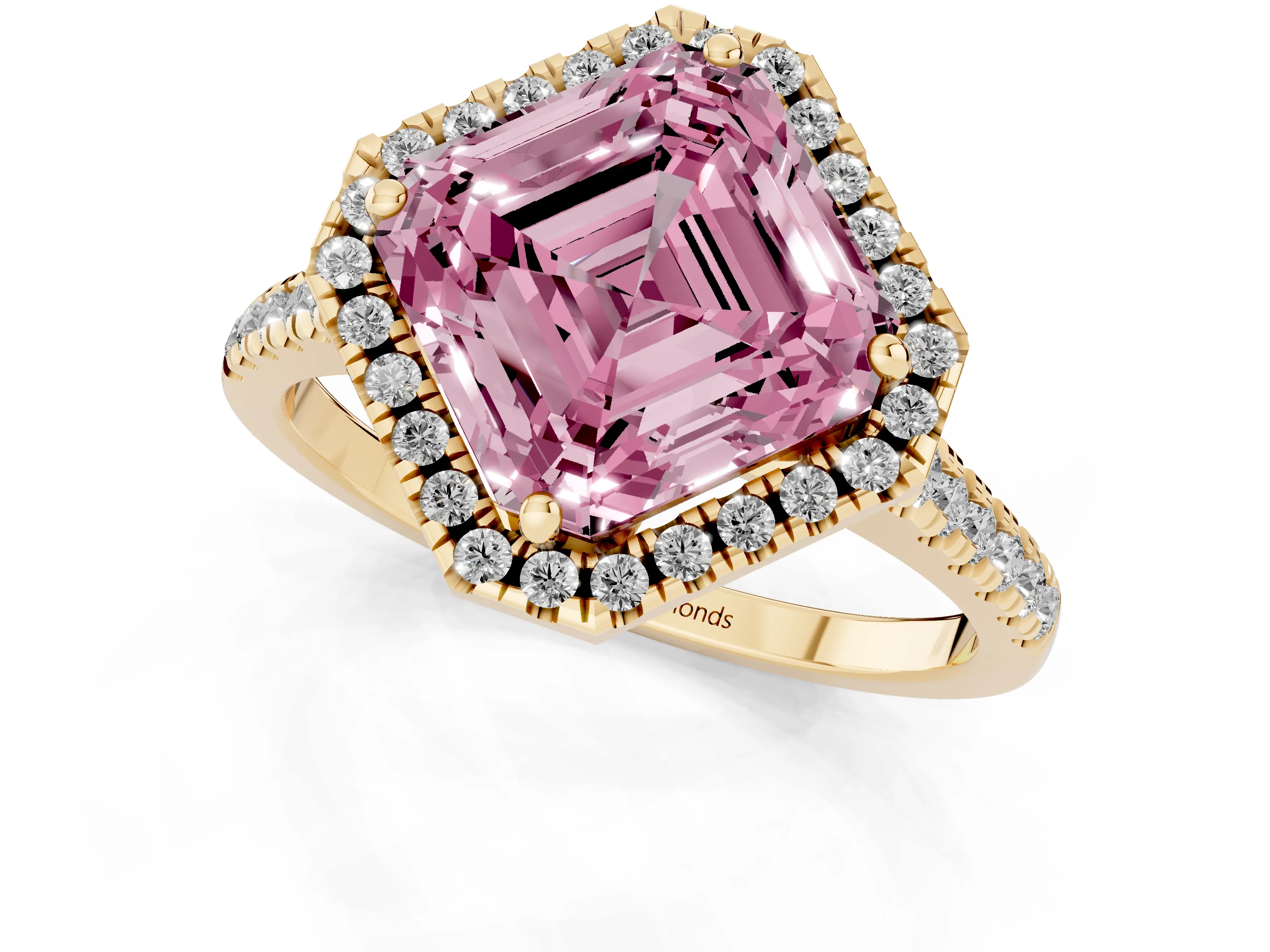 Fancy Pink Asscher Cut Diamond Cushion Halo Ring Set in Yellow gold with Pavé Band