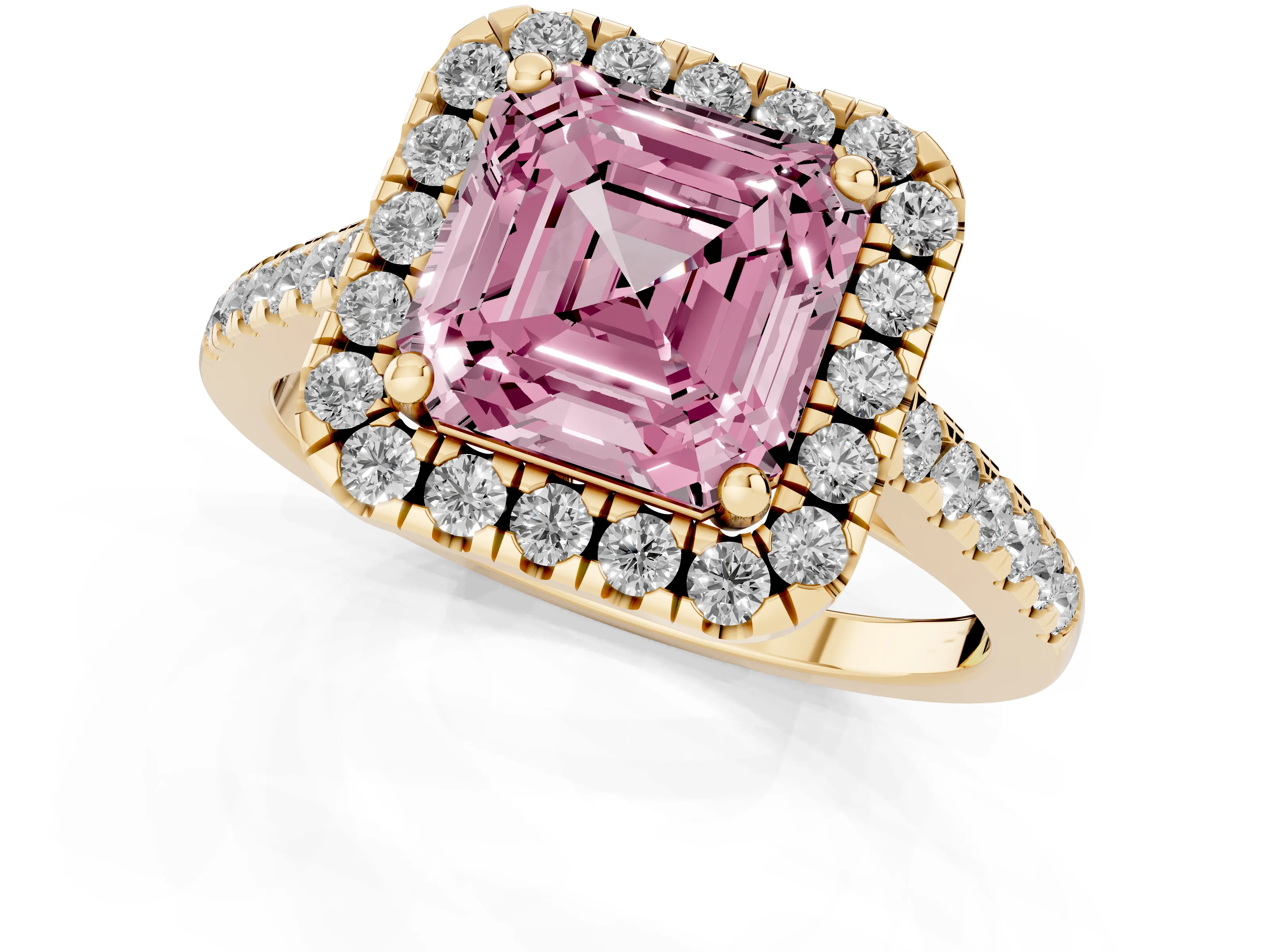 Fancy Pink Asscher Cut Diamond Pavé Halo Engagement Ring Set in Yellow gold with Pavé Band and Prong Setting