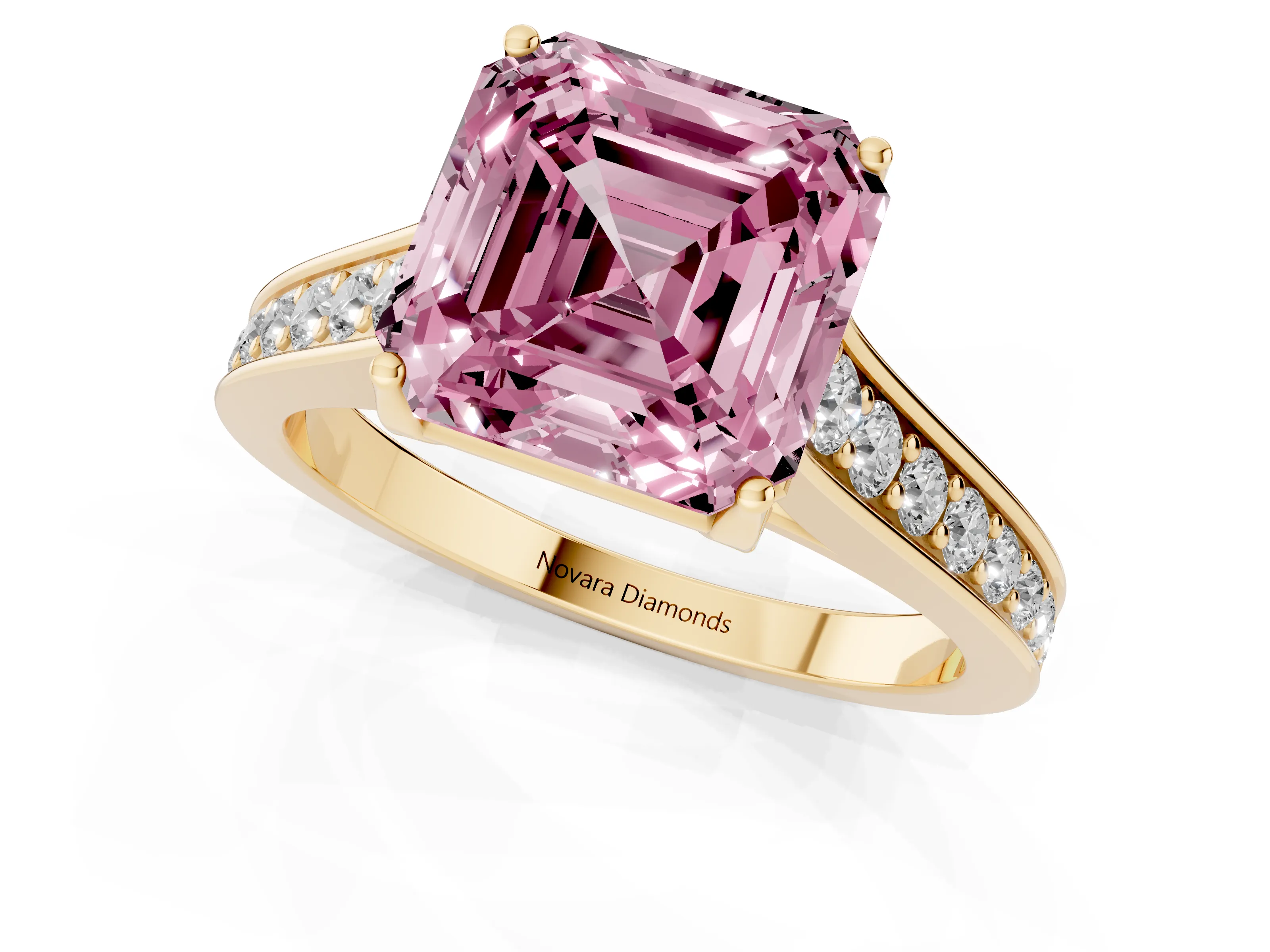 Fancy Pink Asscher Cut Diamond Solitaire Pavé Engagement Ring Set in Yellow gold with Prong Setting