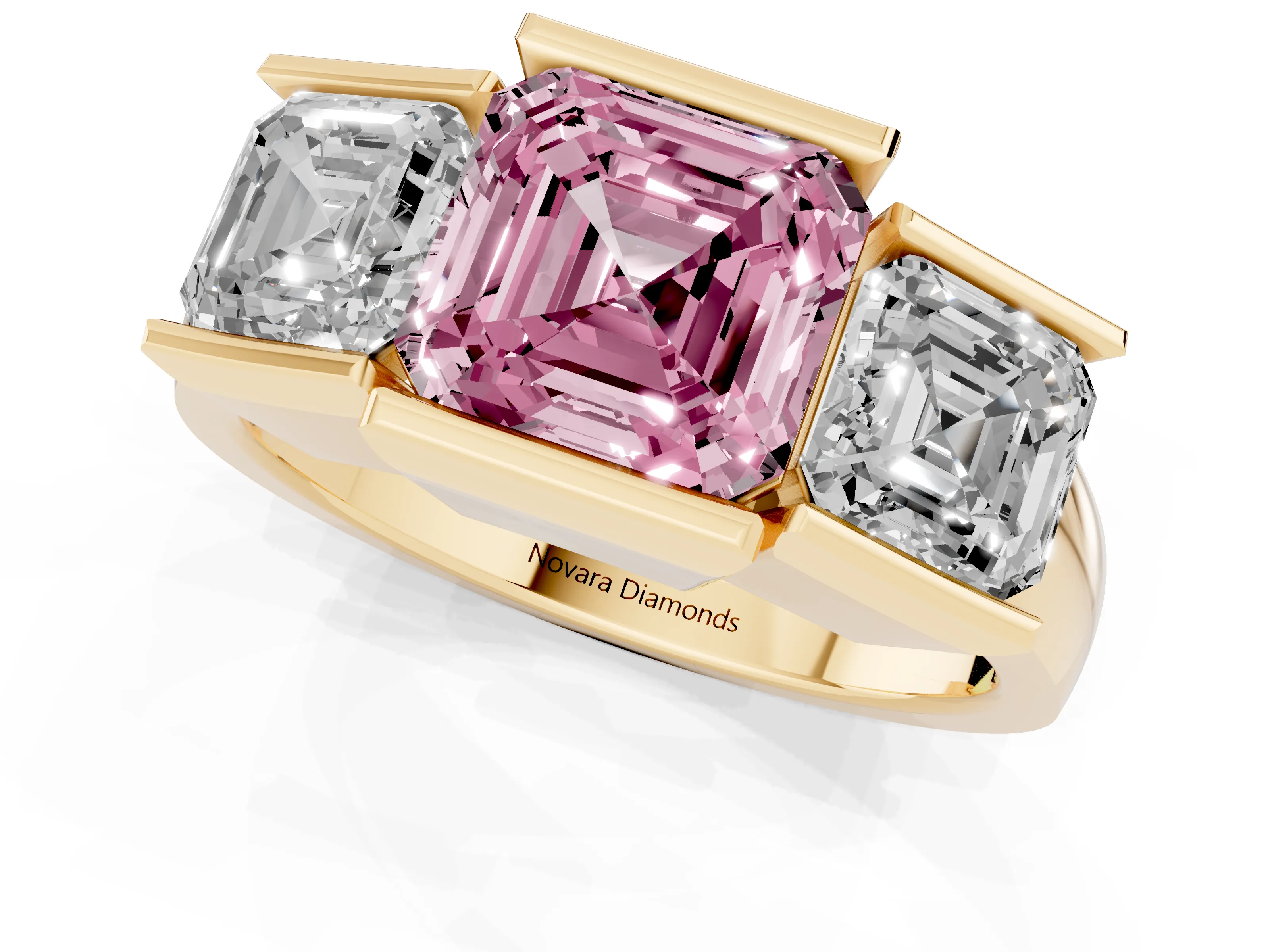 Fancy Pink Asscher Cut Diamond Three-Stone Channel Set Ring Set in Yellow gold with Smooth Polished Band