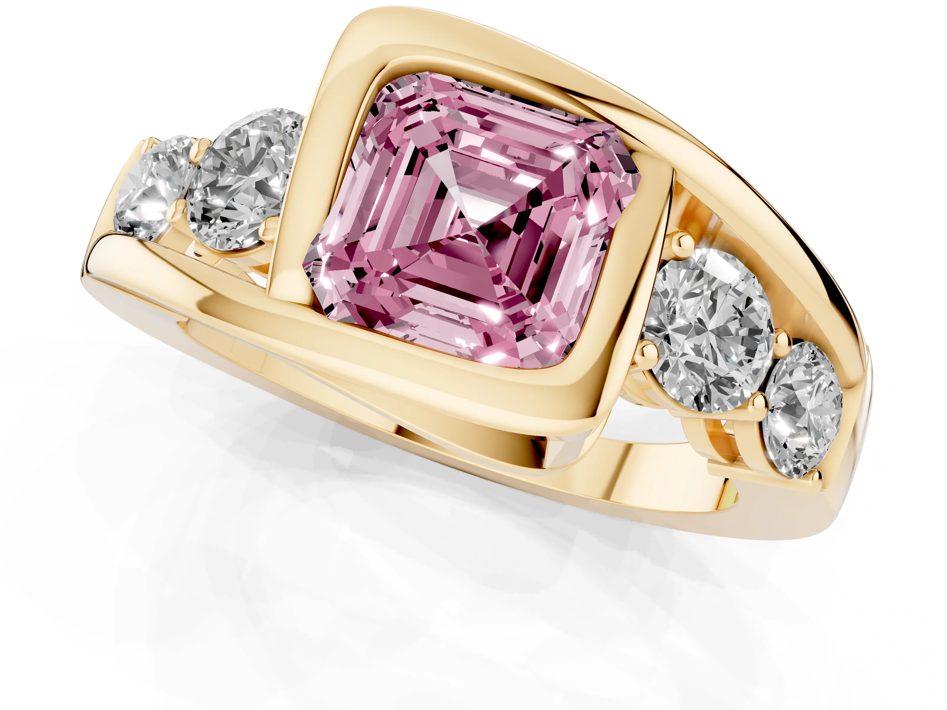 Fancy Pink Asscher Cut Diamond Bezel Bypass Ring Set in Yellow gold with Round Accents