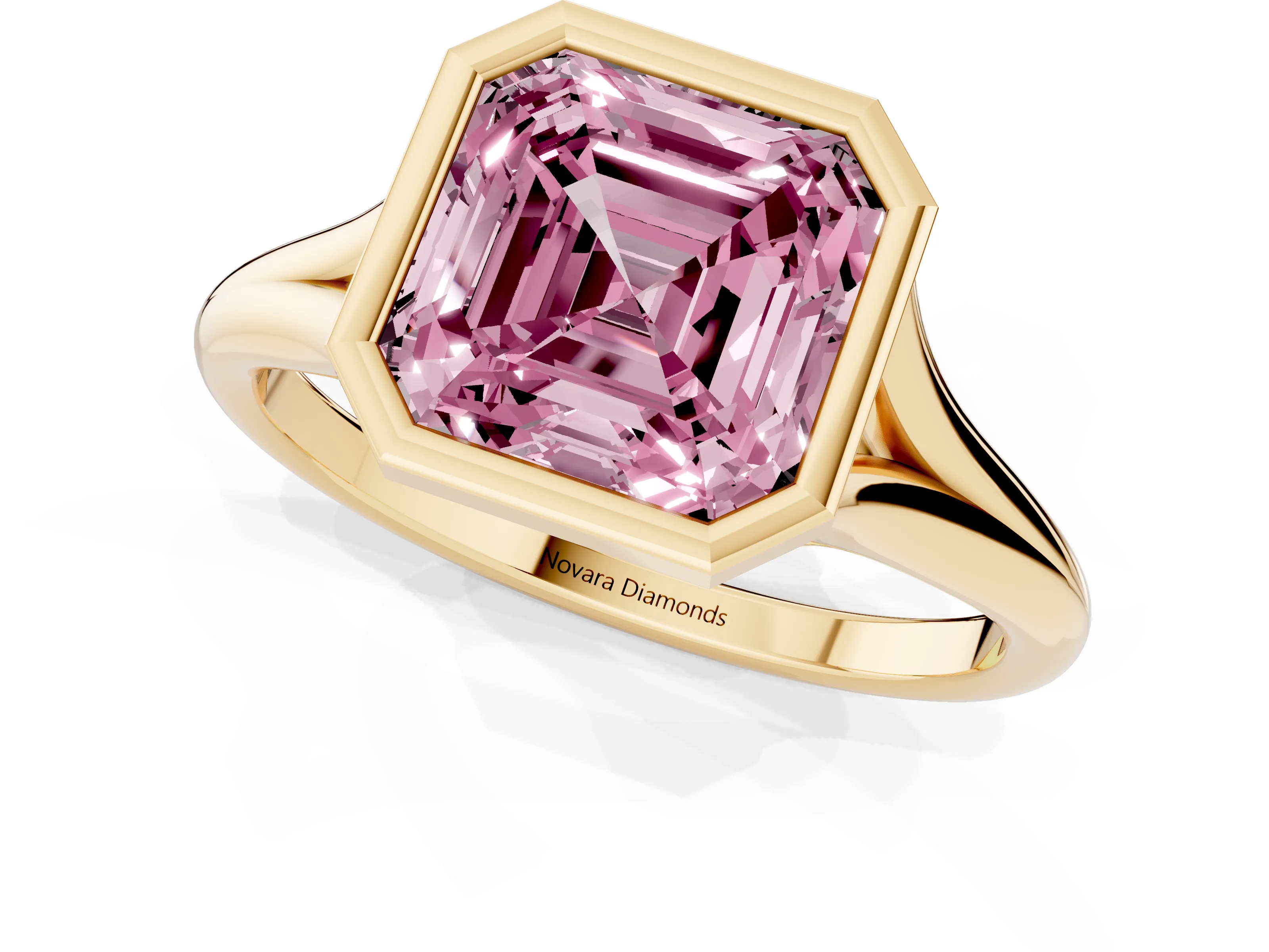 Fancy Pink Bezel Set Asscher Cut Diamond Solitaire Ring Set in Yellow gold with Tapered Band