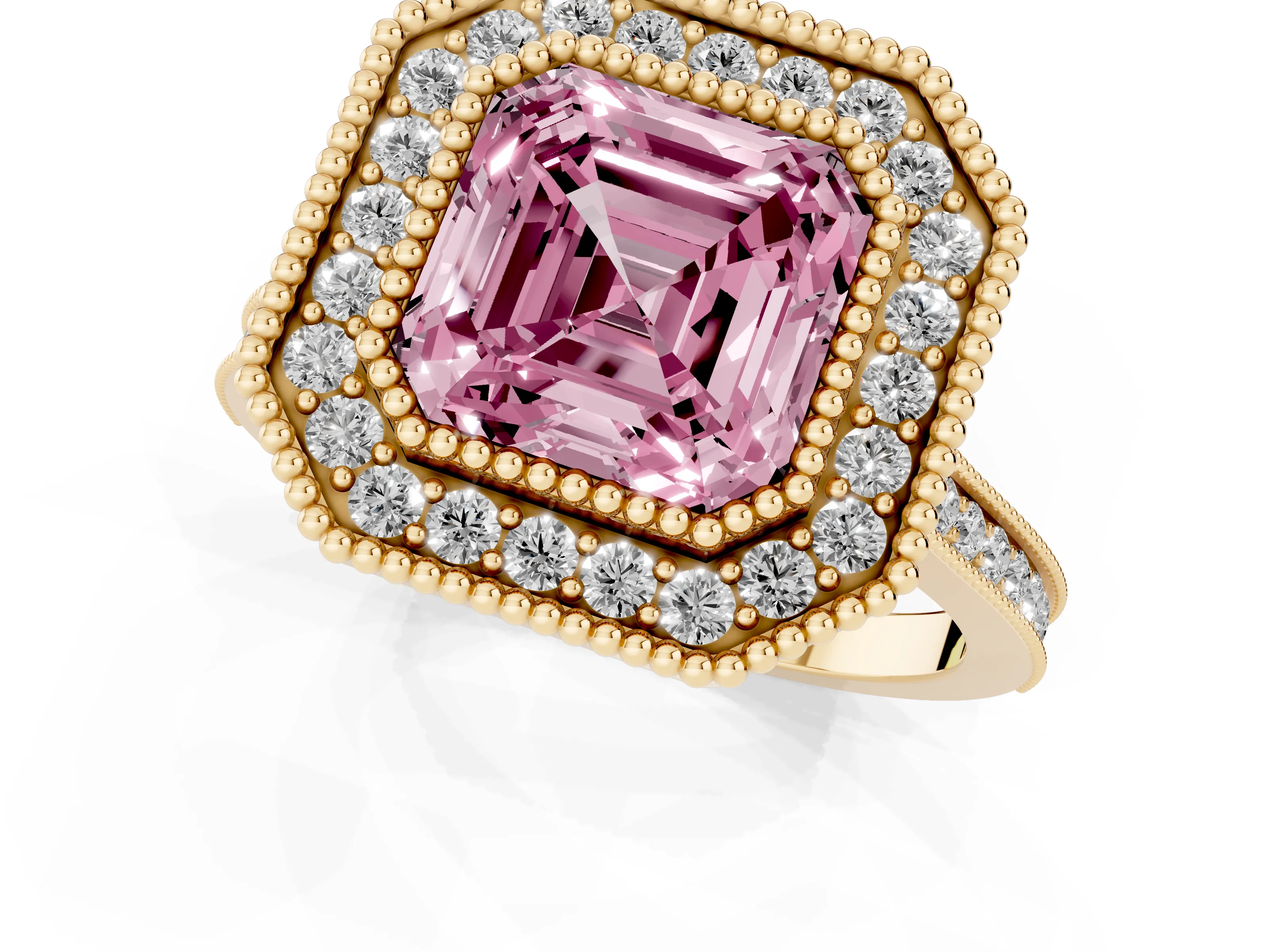 Fancy Pink Asscher Cut Diamond Halo Ring Set in Yellow gold with Milgrain Frame and Pavé Band