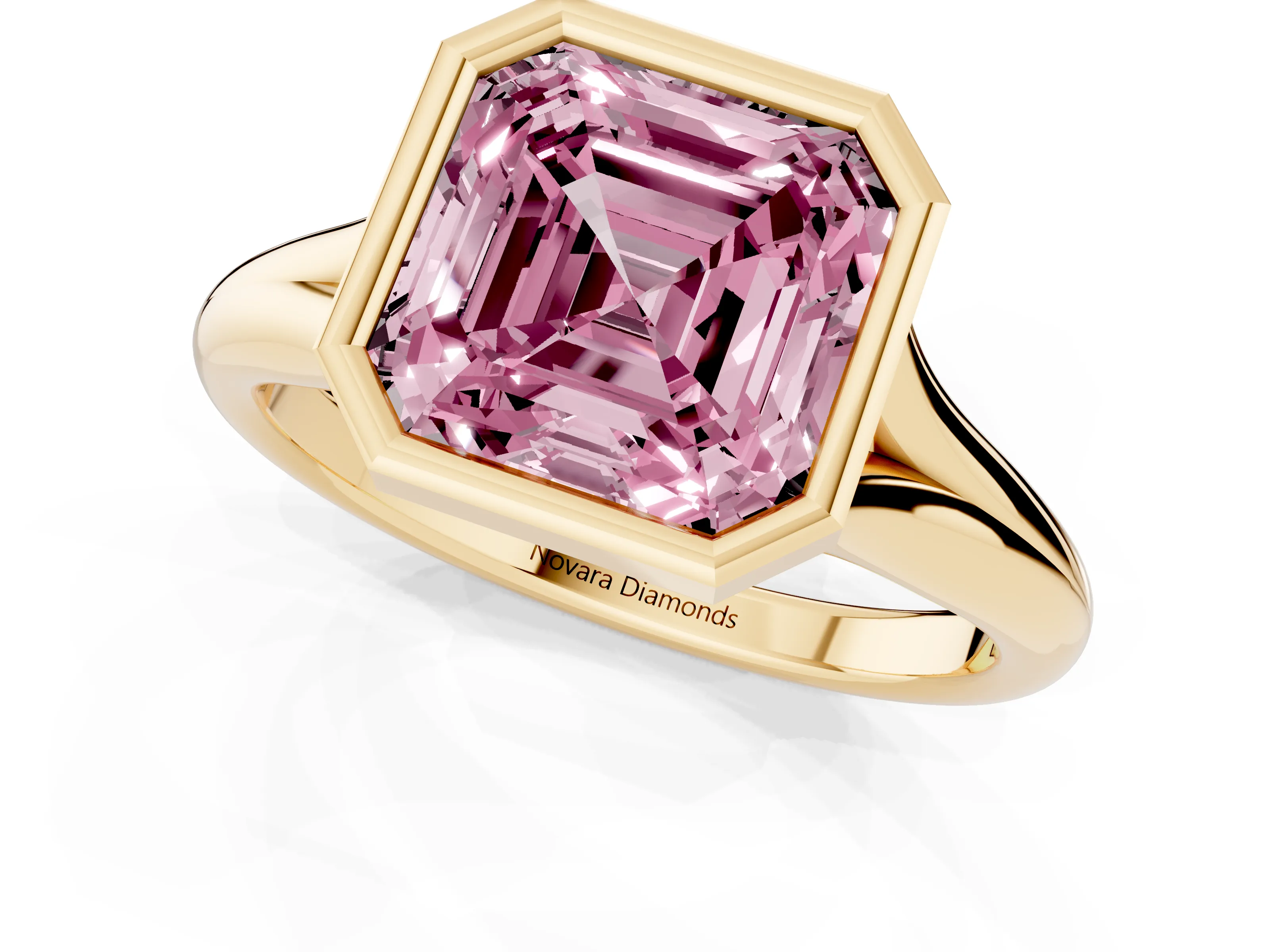 Fancy Pink Bezel Set Asscher Cut Diamond Solitaire Ring Set in Yellow gold with Smooth Band