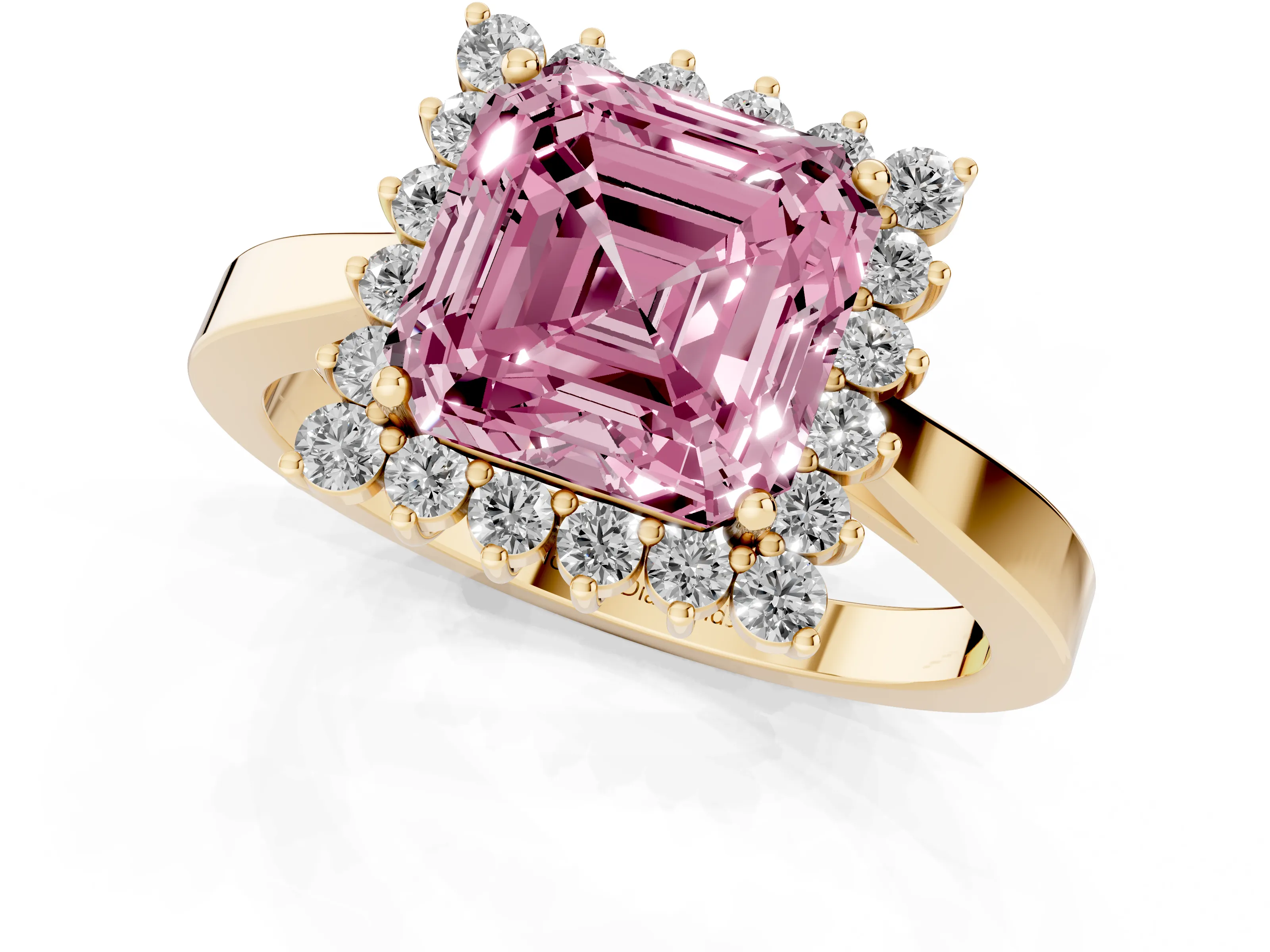 Fancy Pink Asscher Cut Diamond Halo Ring Set in Yellow gold with Round Halo and Smooth Solitaire Band