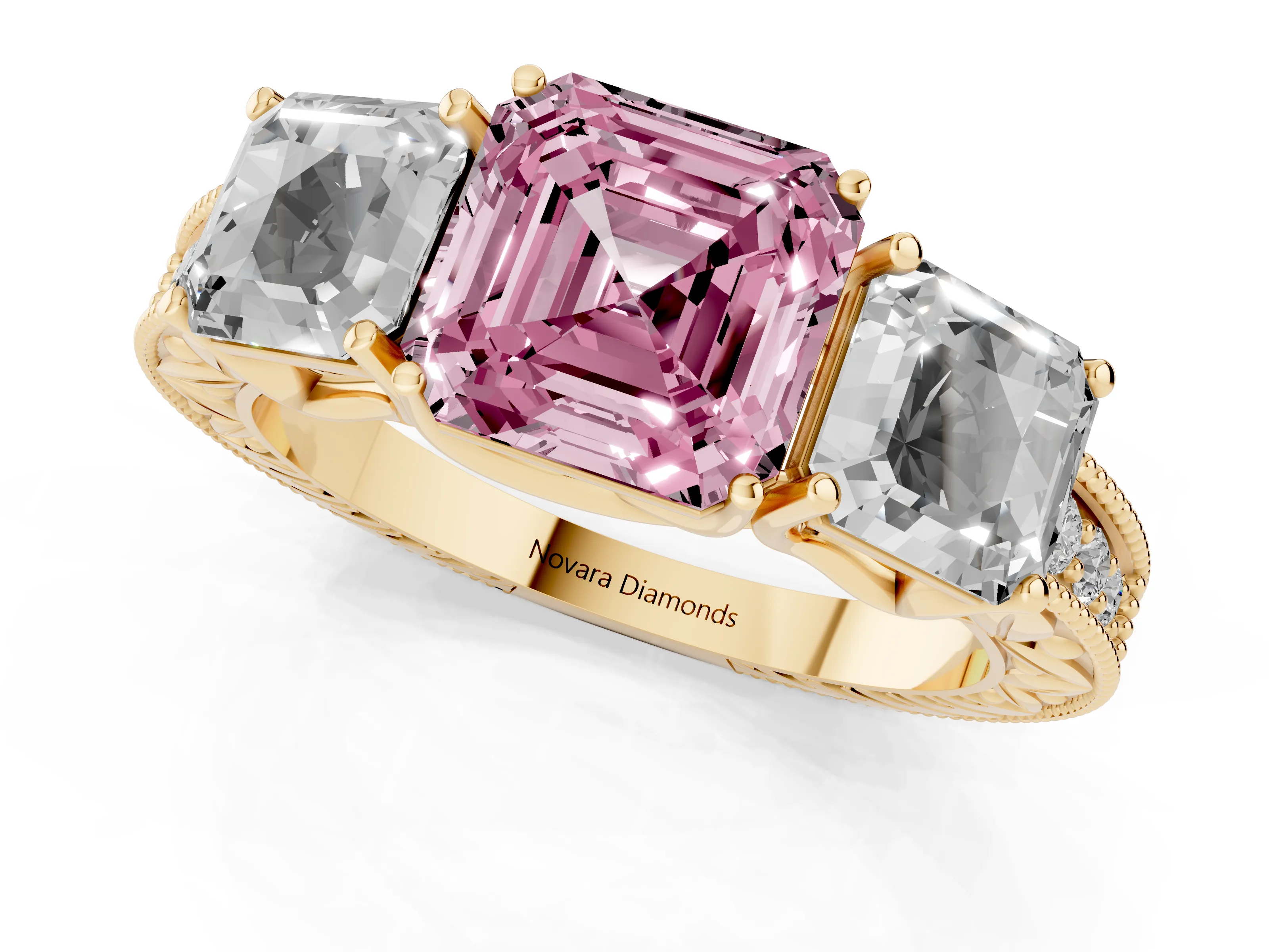 Fancy Pink Asscher Cut Diamond Three-Stone Engagement Ring Set in Yellow gold with Milgrain Pavé Band