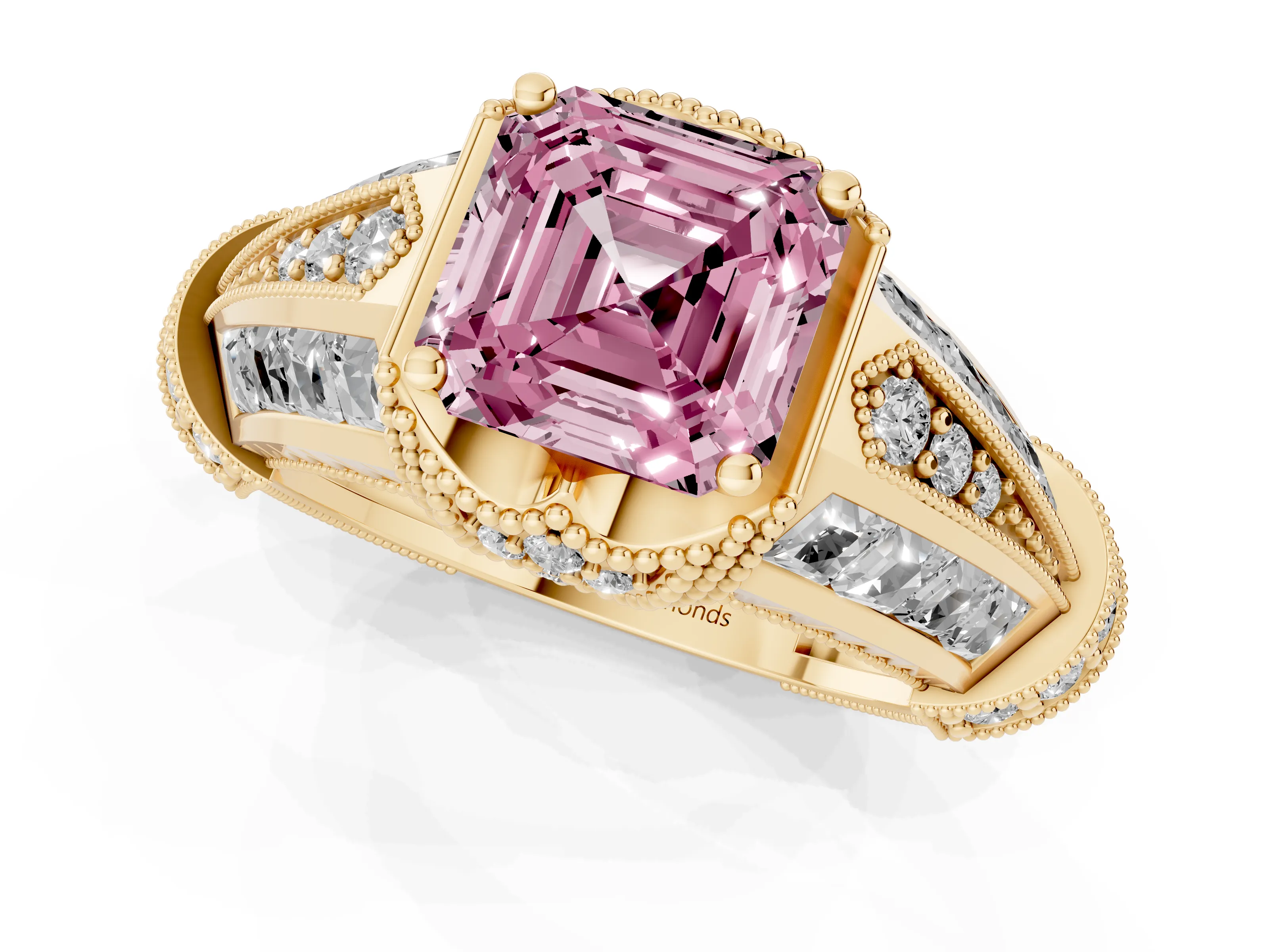 Fancy Pink Asscher Cut Diamond Vintage-Inspired Milgrain Ring Set in Yellow gold with Accent Split Shank