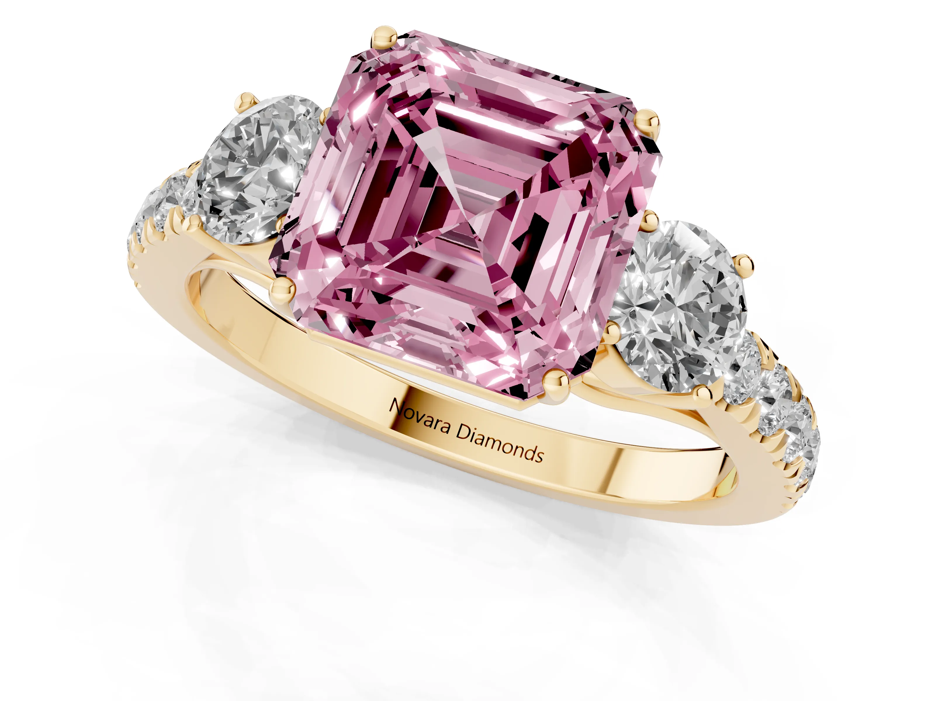 Fancy Pink Asscher Cut Diamond Three-Stone Ring Set in Yellow gold with Round Side Stones and Delicate Pavé Band