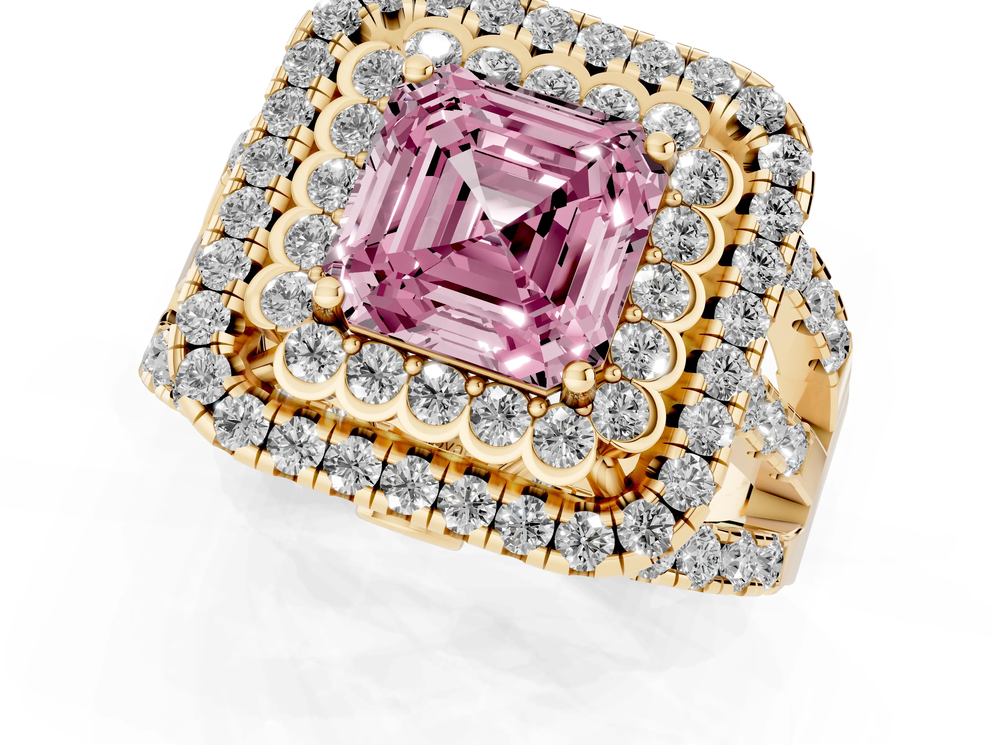 Fancy Pink Asscher Cut Diamond Double Halo Ring Set in Yellow gold with Round Pavé Split Shank