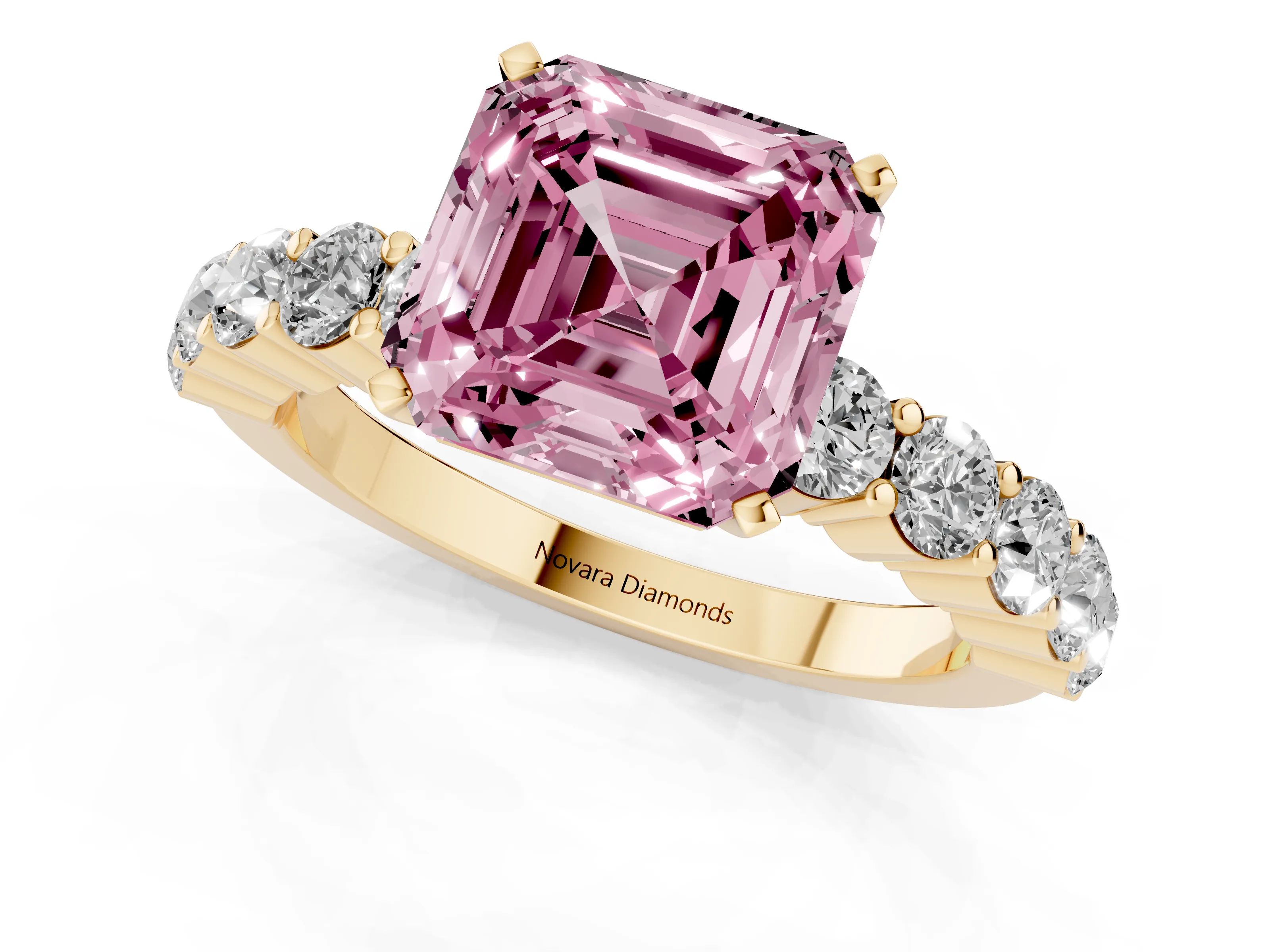 Fancy Pink Asscher Cut Diamond Solitaire Ring Set in Yellow gold with Shared Prong Round Side Stones