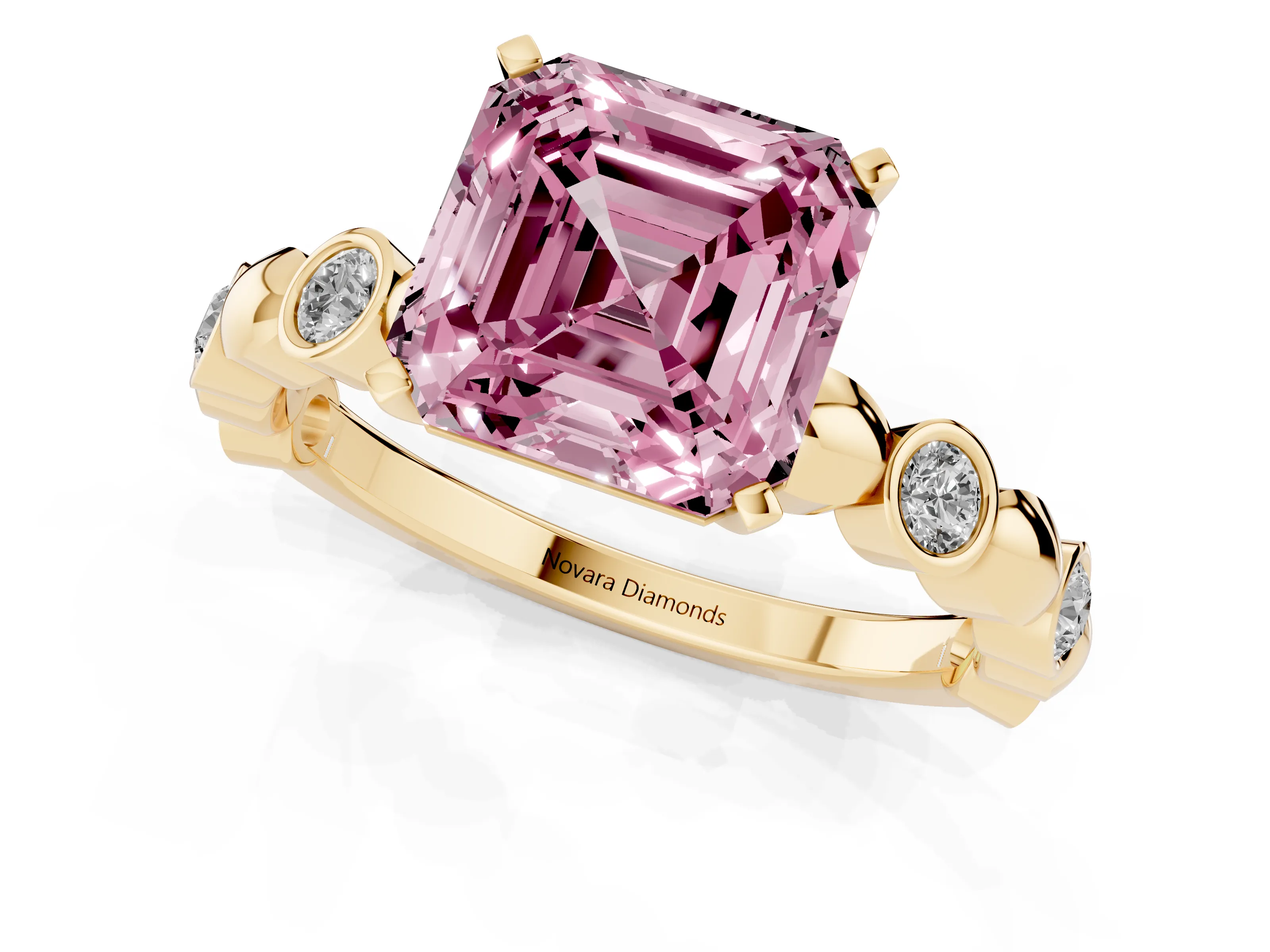 Fancy Pink Asscher Cut Diamond Solitaire Ring Set in Yellow gold with Bezel-Set Accents on Beaded Band and Prong Setting