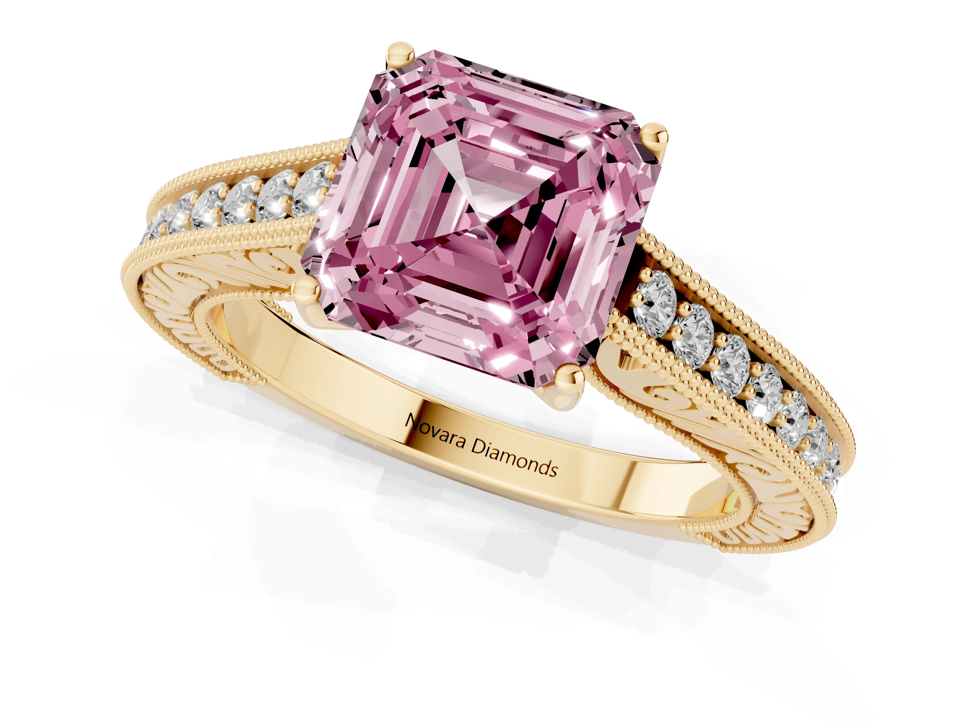 Fancy Pink Asscher Cut Diamond Milgrain Pavé Band Solitaire Ring Set in Yellow gold with Prong Setting