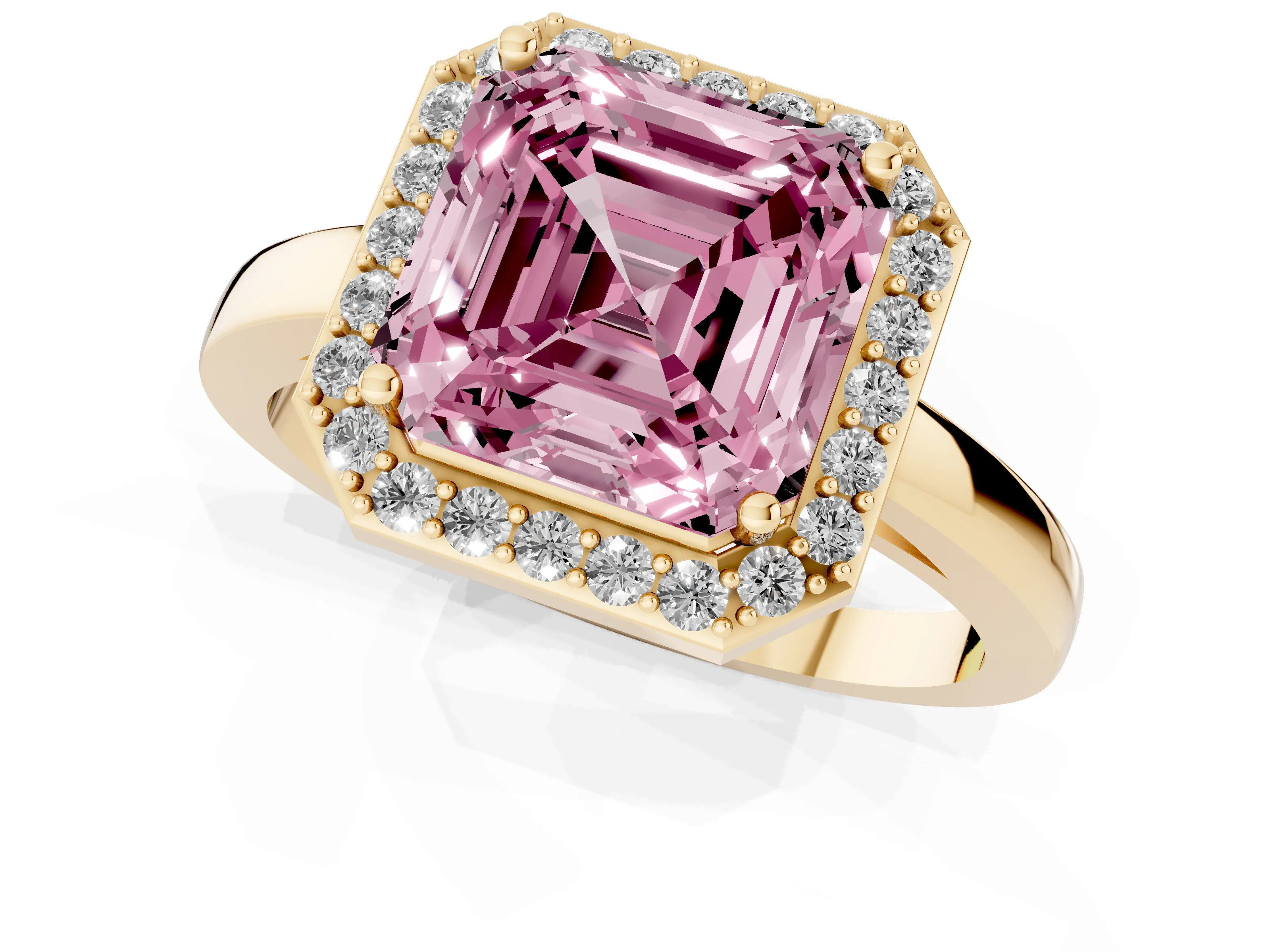 Fancy Pink Asscher Cut Diamond Halo Ring Set in Yellow gold with Solitaire Band and Prong Setting