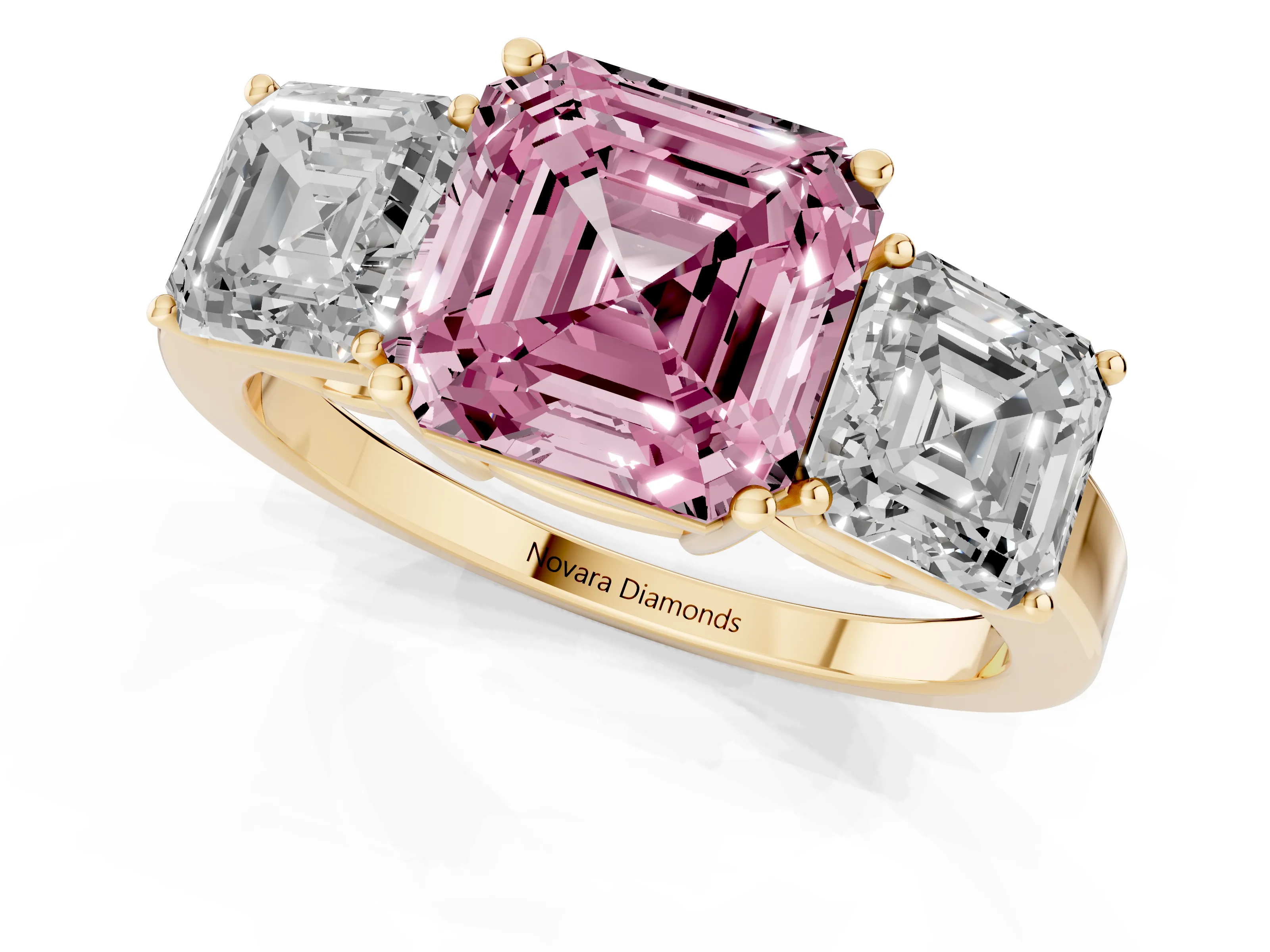 Fancy Pink Asscher Cut Diamond Three-Stone Engagement Ring Set in Yellow gold with Flat Band