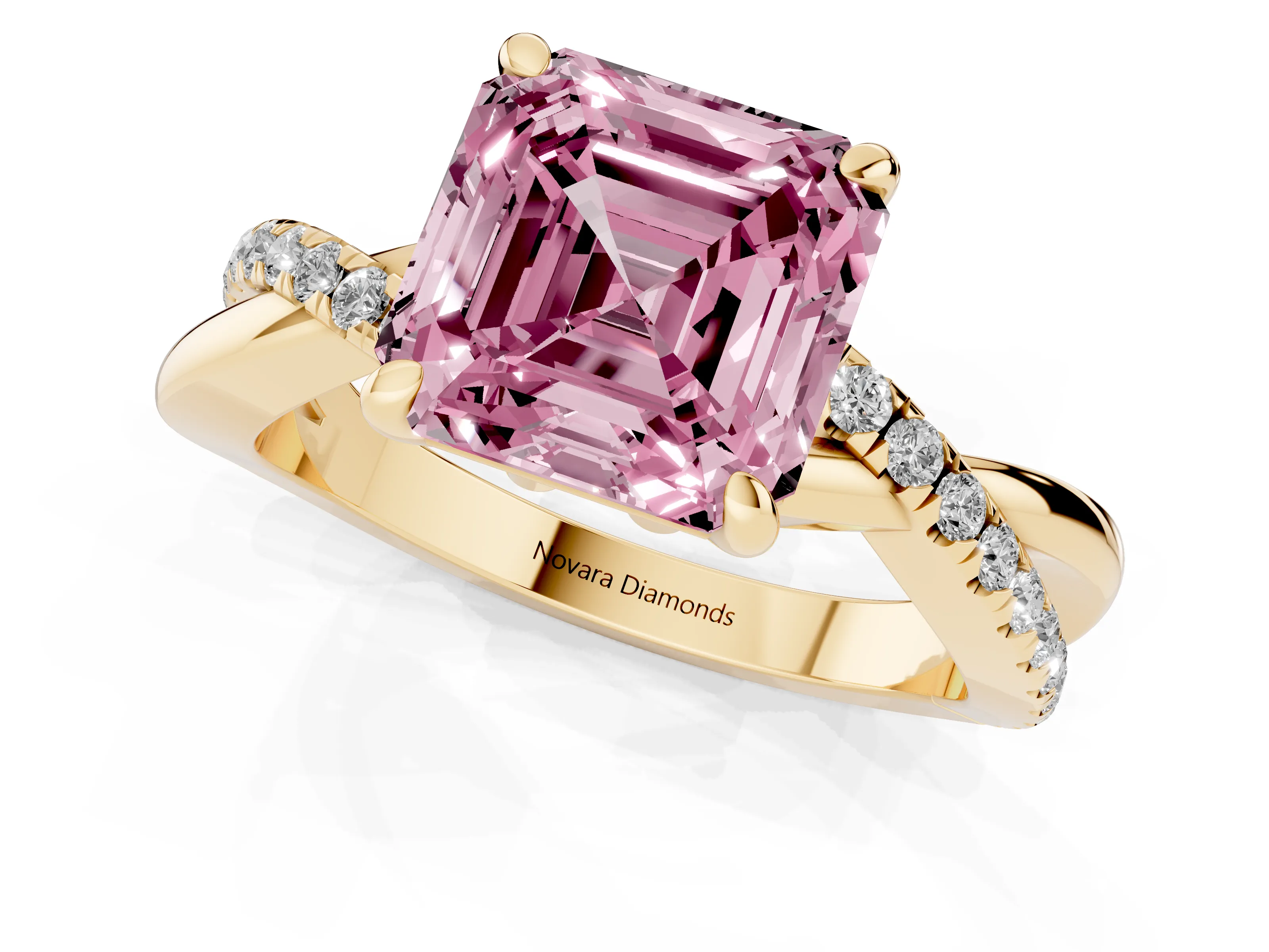 Fancy Pink Asscher Cut Diamond Twist Band Pavé Solitaire Ring Set in Yellow gold with Prong Setting