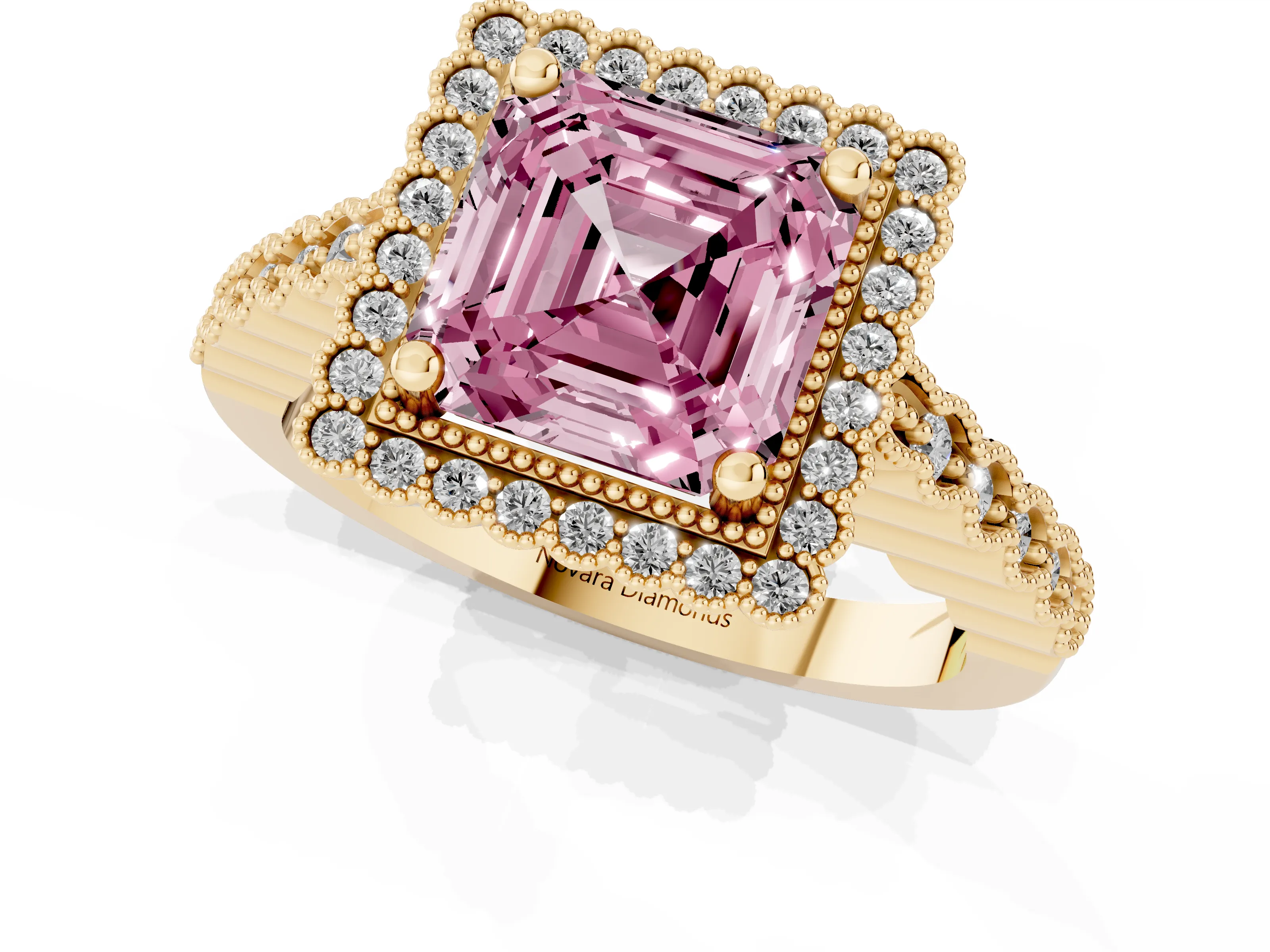 Fancy Pink Asscher Cut Diamond Halo Ring Set in Yellow gold with Pavé Milgrain Band