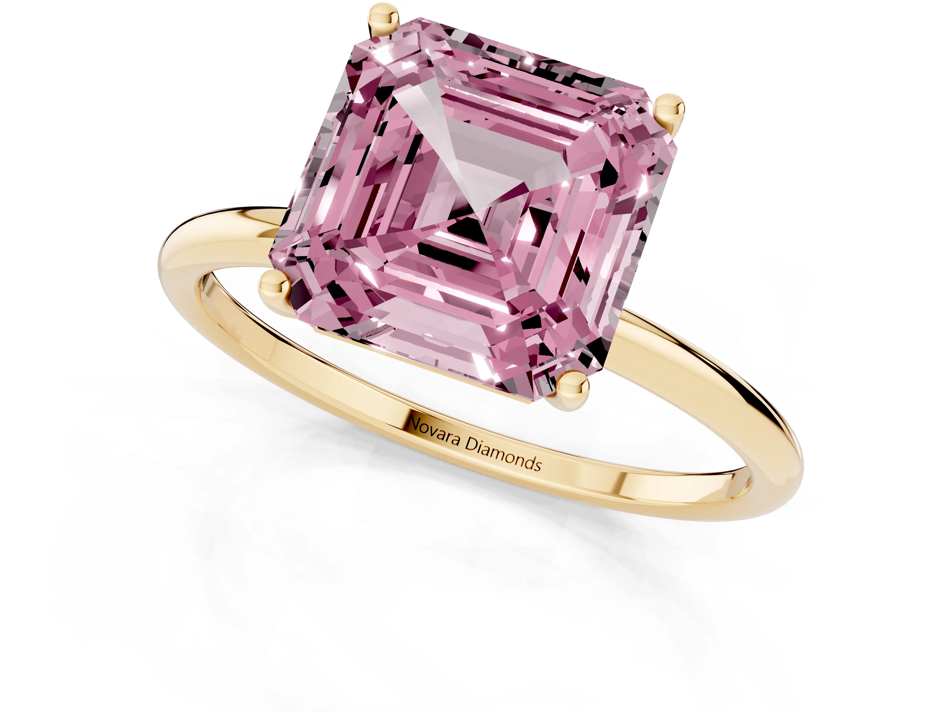 Fancy Pink Asscher Cut Diamond Solitaire Engagement Ring Set in Yellow gold with Thin Band and Prong Setting